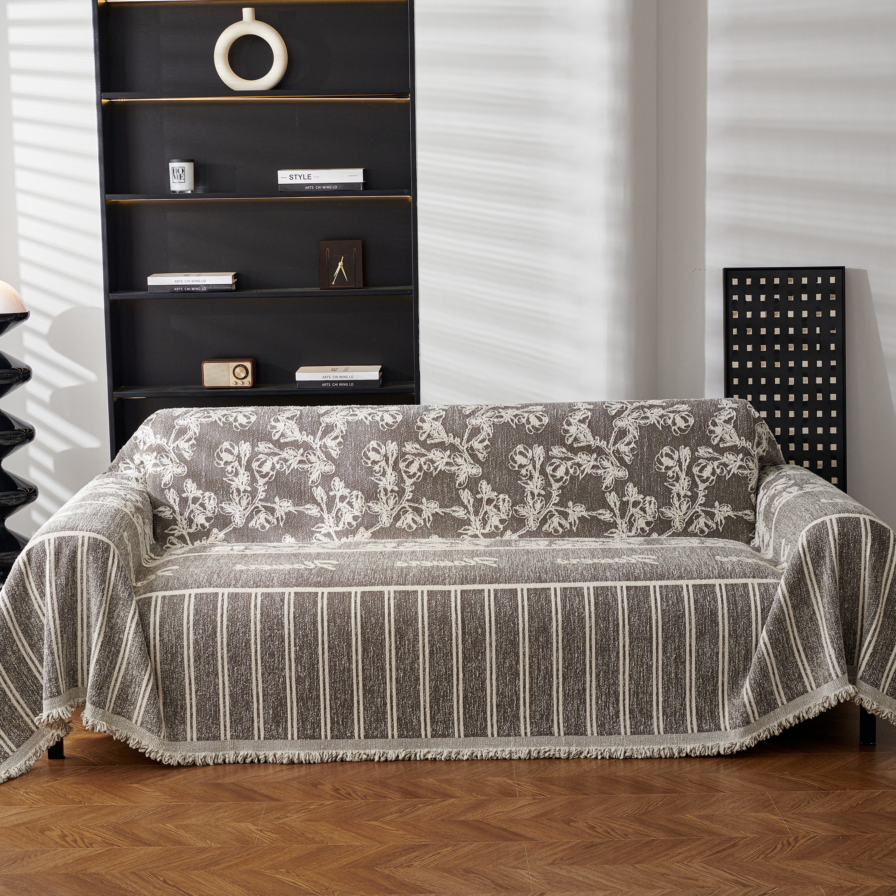 Chenille Striped Floral Couch Cover Sofa Slipcover For Most Shape Sofas, Reversible Sofa Throw Cover