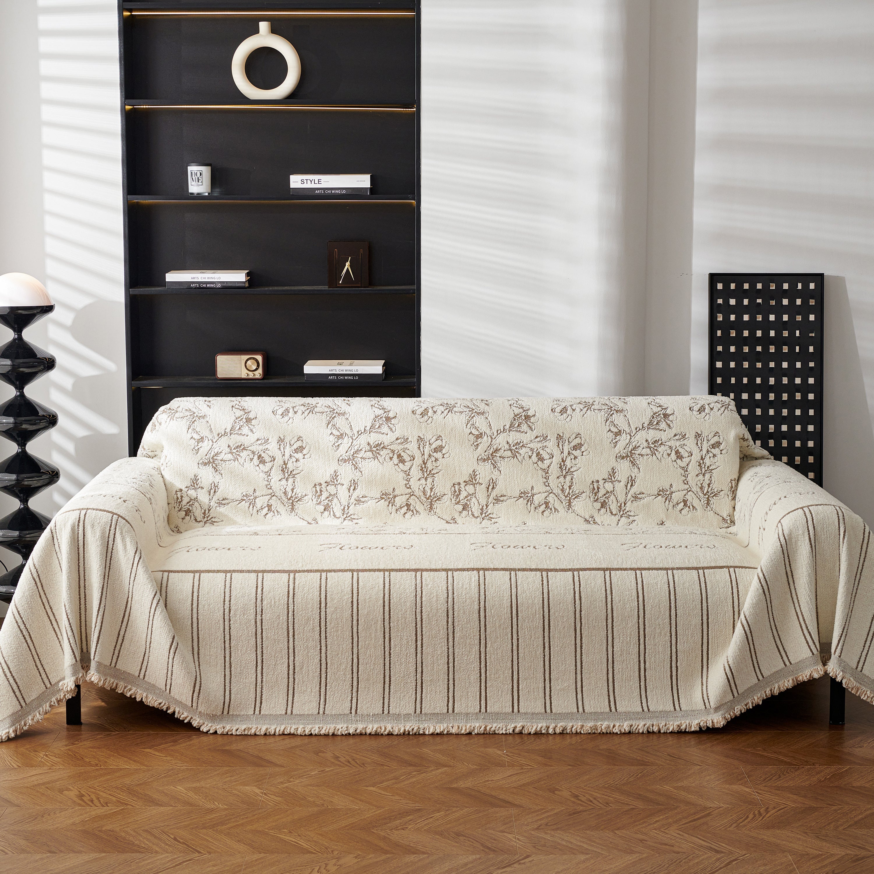 Chenille Striped Floral Couch Cover Sofa Slipcover For Most Shape Sofas, Reversible Sofa Throw Cover