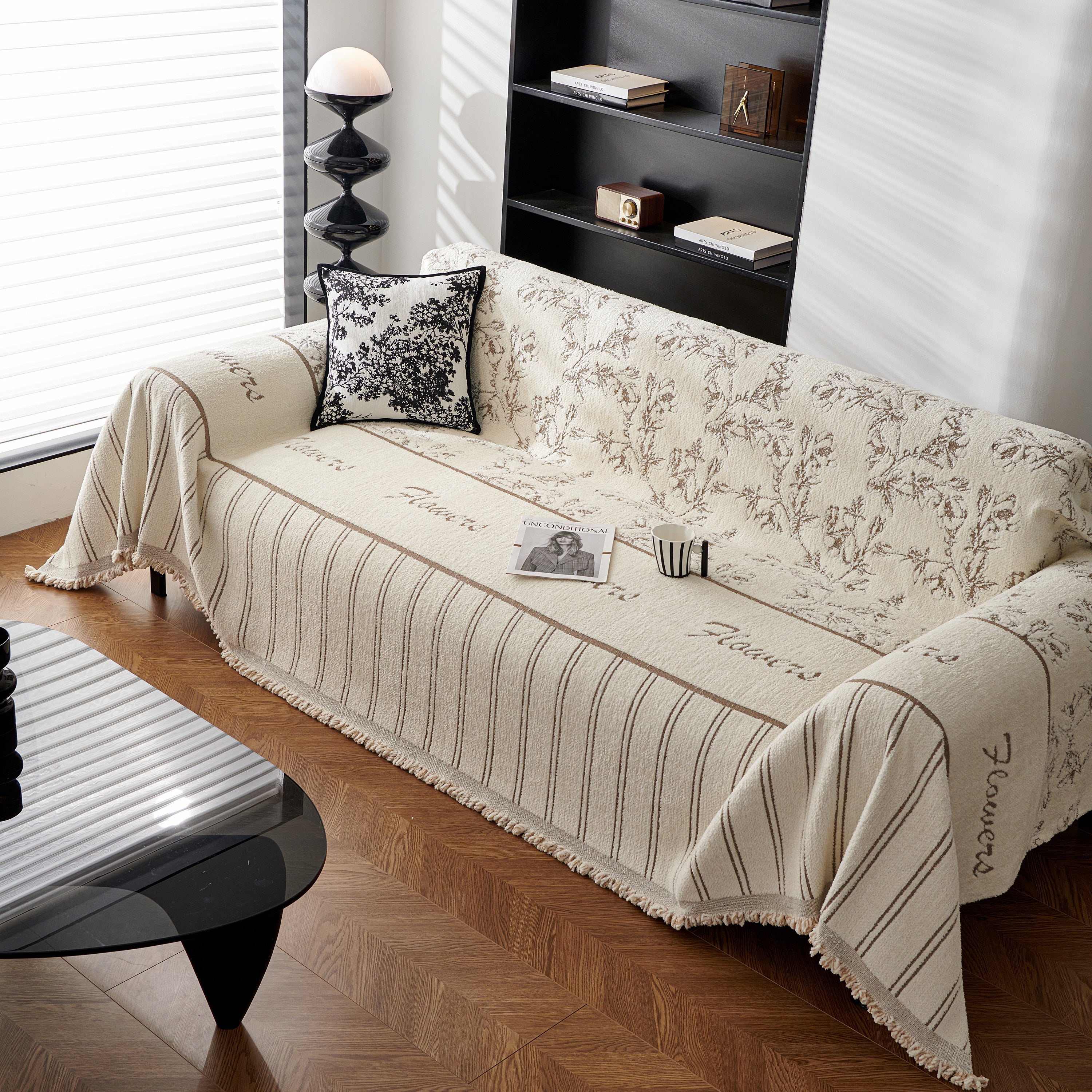 Chenille Striped Floral Couch Cover Sofa Slipcover For Most Shape Sofas, Reversible Sofa Throw Cover