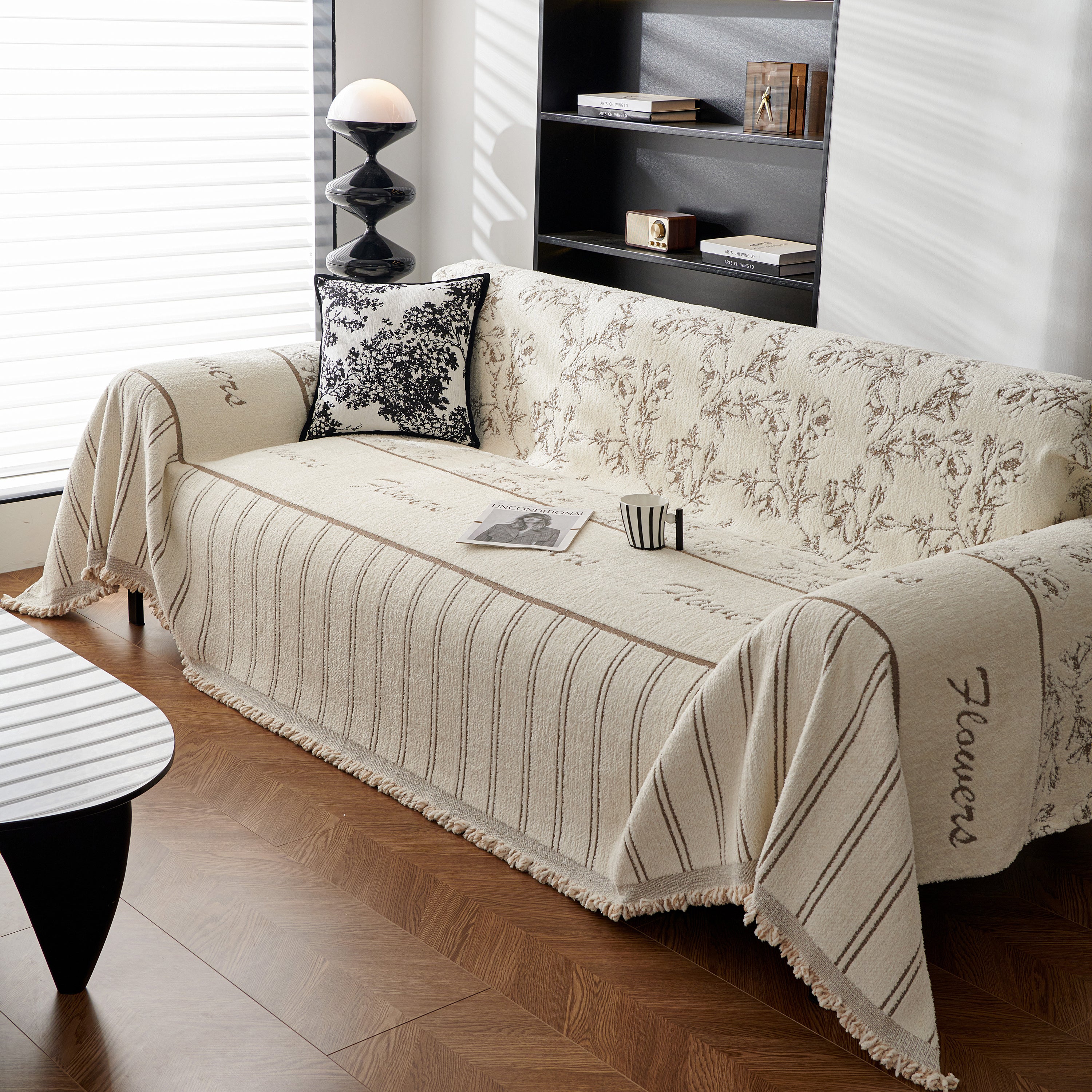 Chenille Striped Floral Couch Cover Sofa Slipcover For Most Shape Sofas, Reversible Sofa Throw Cover