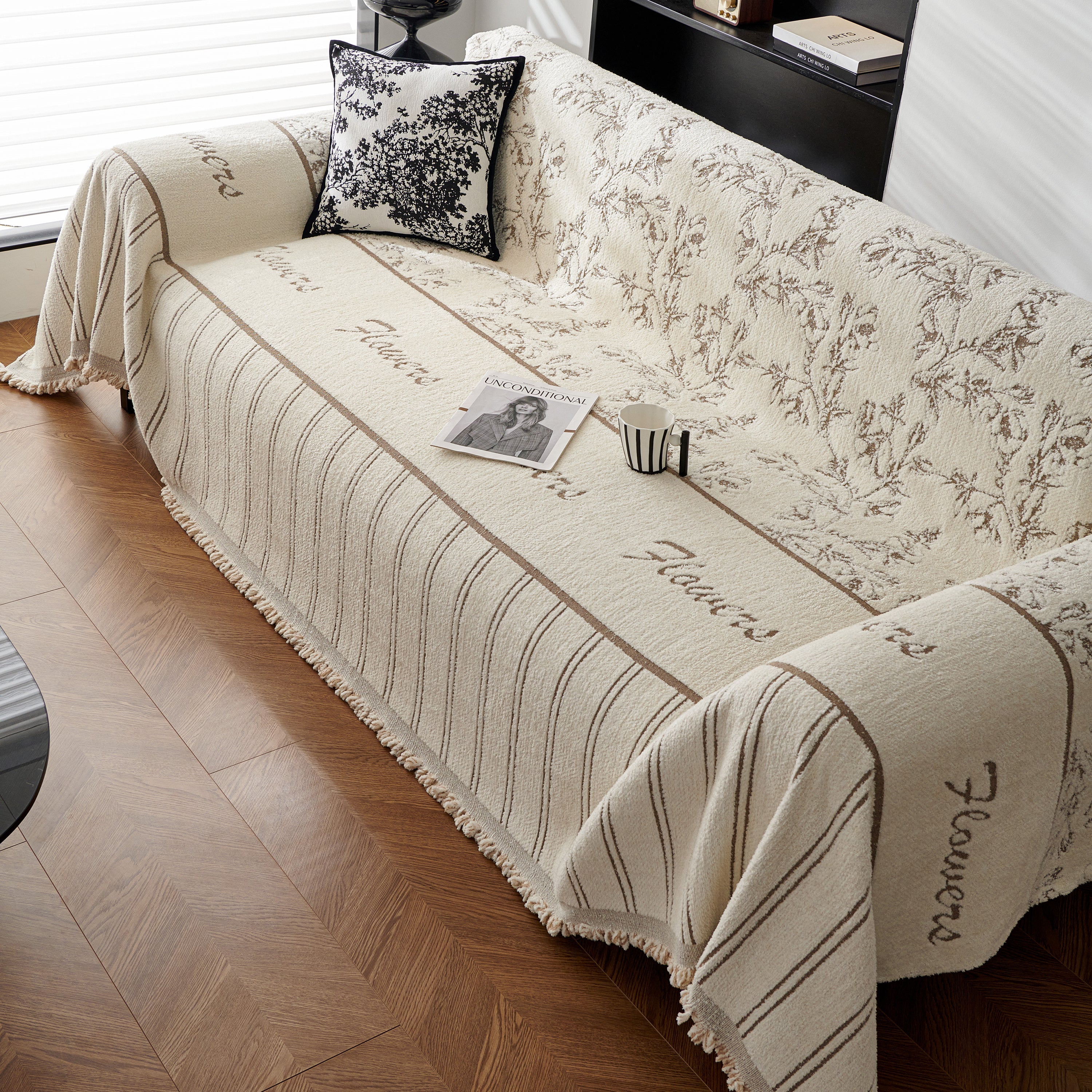 Chenille Striped Floral Couch Cover Sofa Slipcover For Most Shape Sofas, Reversible Sofa Throw Cover