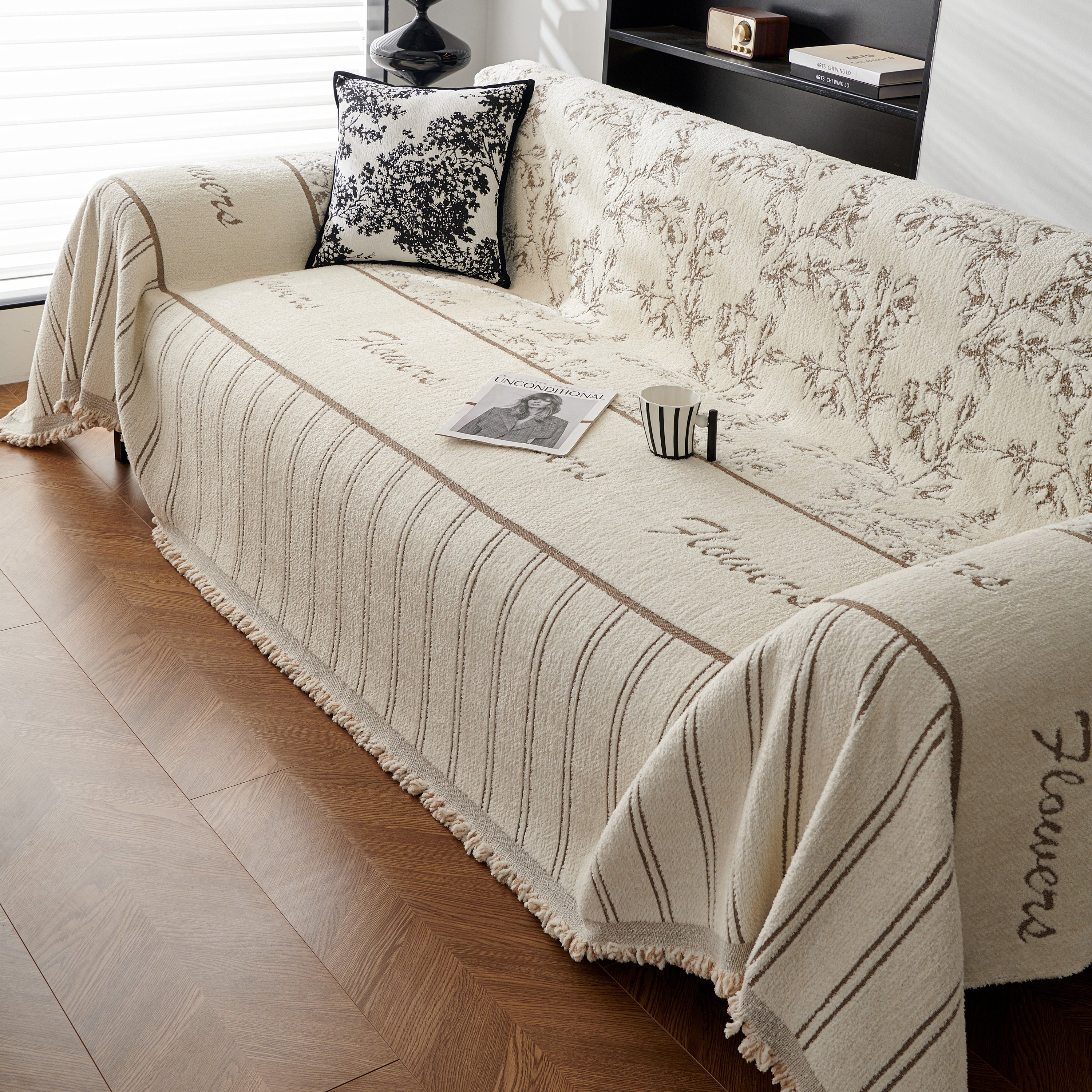 Chenille Striped Floral Couch Cover Sofa Slipcover For Most Shape Sofas, Reversible Sofa Throw Cover