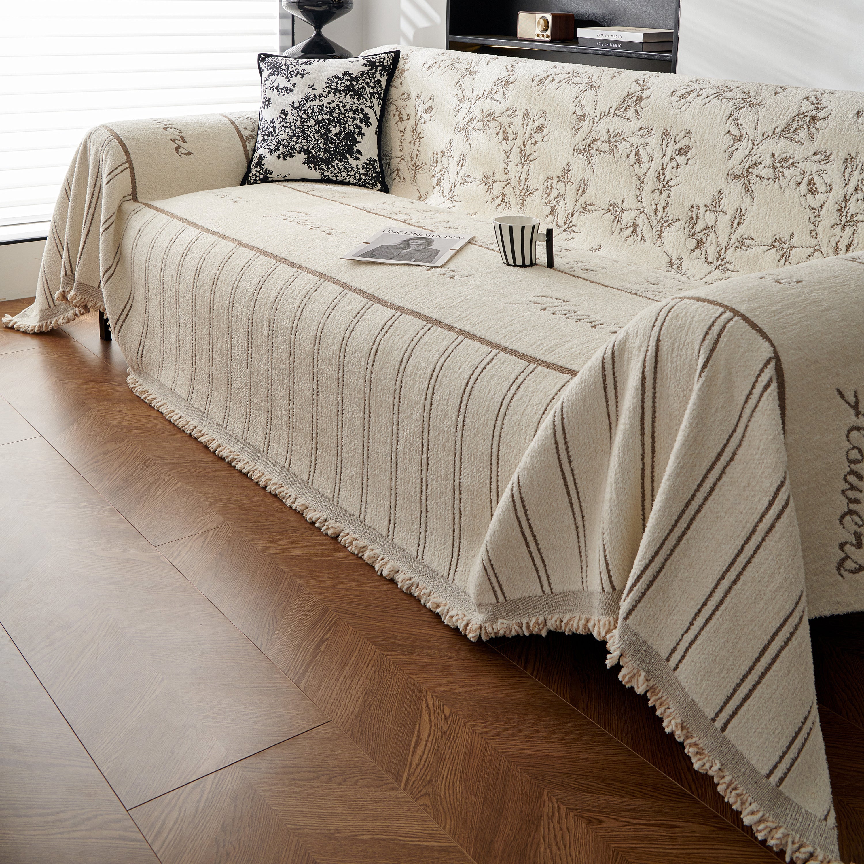 Chenille Striped Floral Couch Cover Sofa Slipcover For Most Shape Sofas, Reversible Sofa Throw Cover