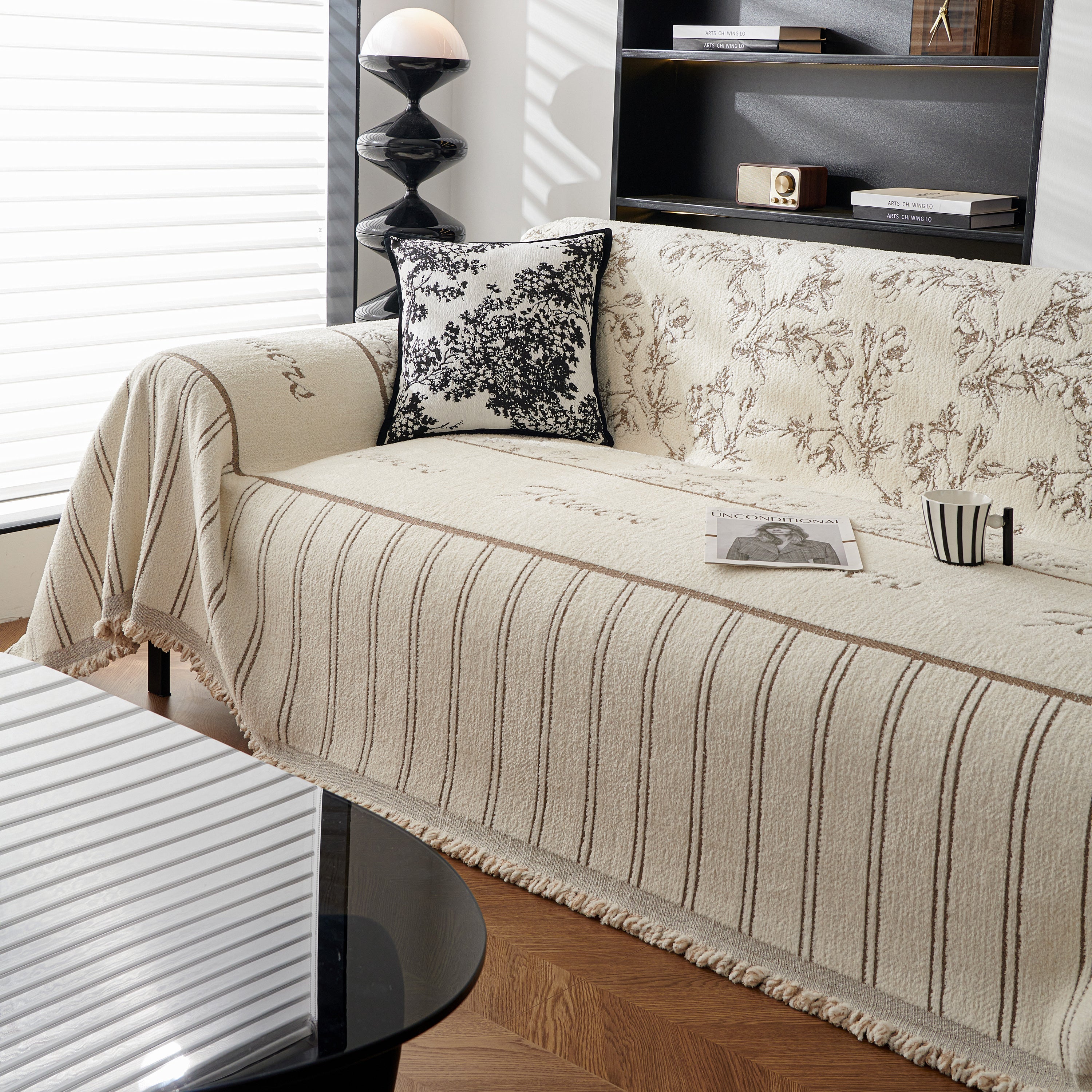 Chenille Striped Floral Couch Cover Sofa Slipcover For Most Shape Sofas, Reversible Sofa Throw Cover