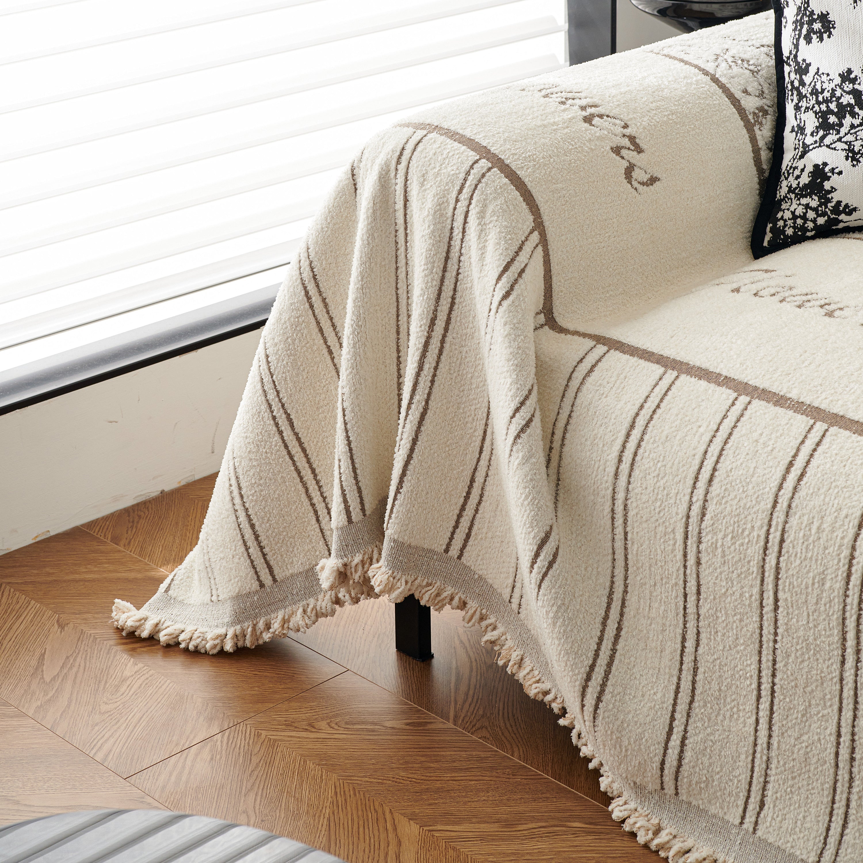 Chenille Striped Floral Couch Cover Sofa Slipcover For Most Shape Sofas, Reversible Sofa Throw Cover