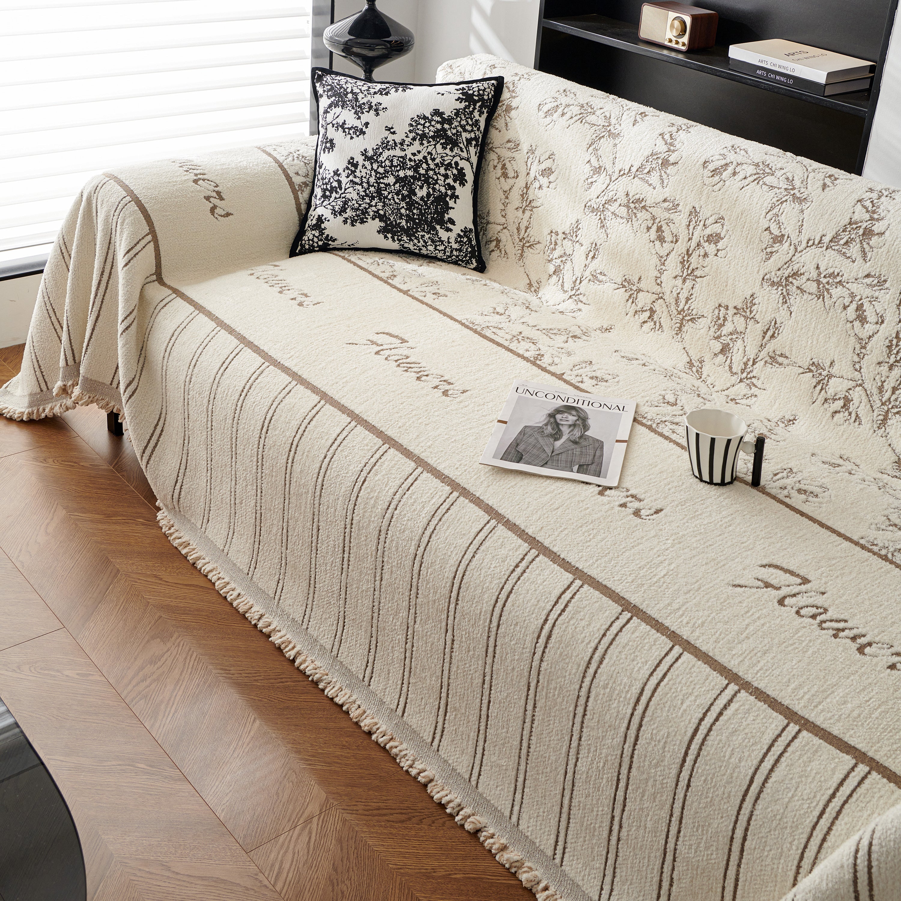 Chenille Striped Floral Couch Cover Sofa Slipcover For Most Shape Sofas, Reversible Sofa Throw Cover