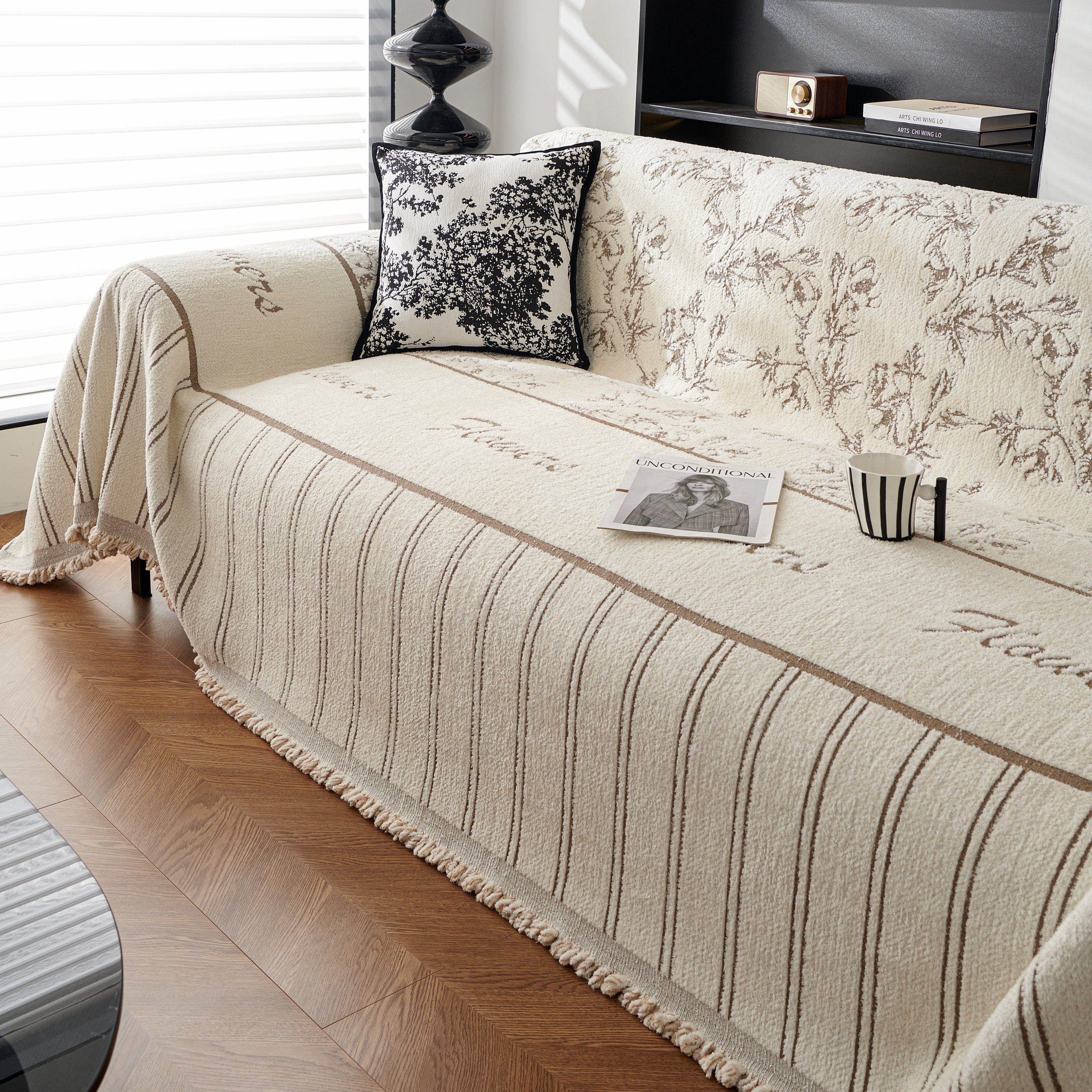 Chenille Striped Floral Couch Cover Sofa Slipcover For Most Shape Sofas, Reversible Sofa Throw Cover