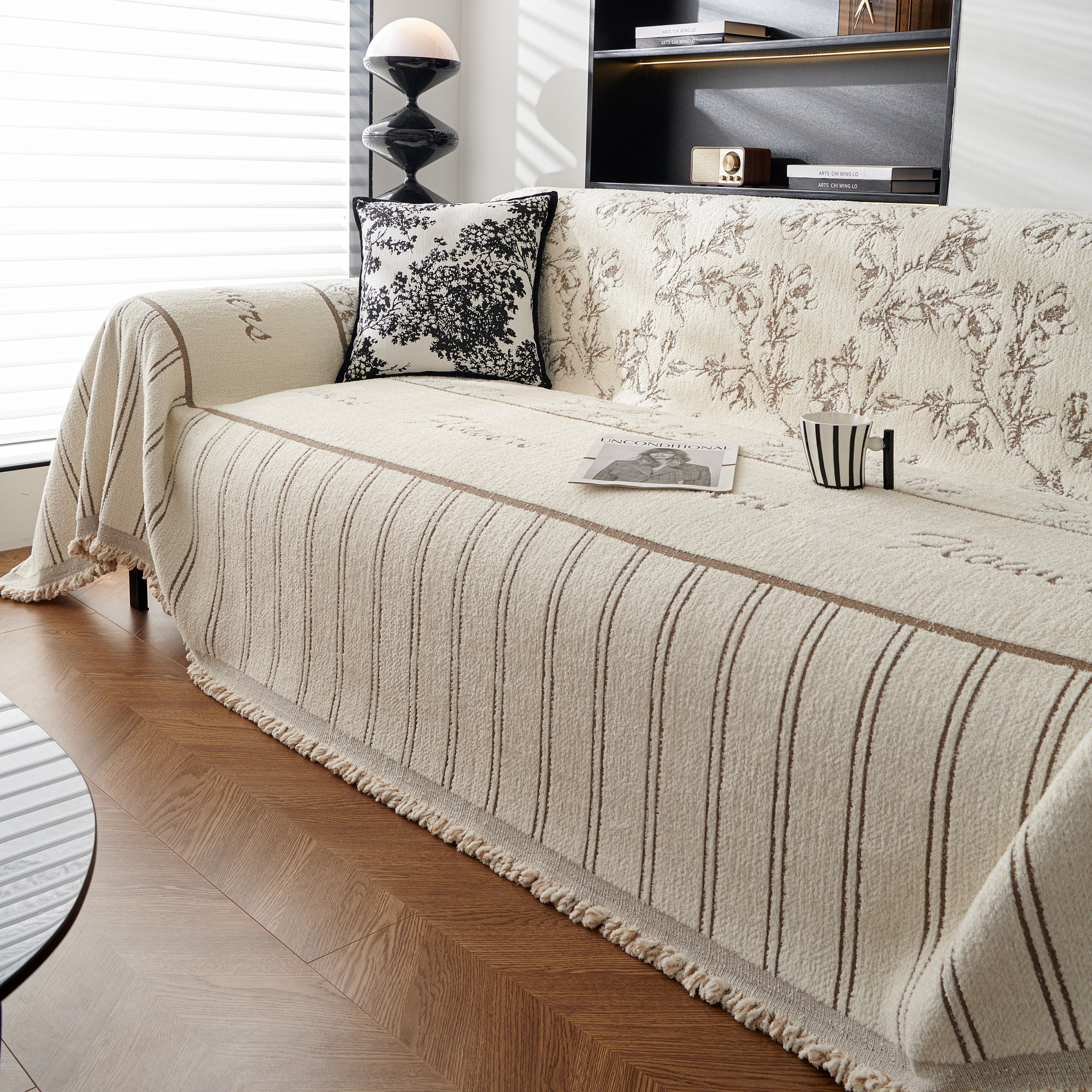 Chenille Striped Floral Couch Cover Sofa Slipcover For Most Shape Sofas, Reversible Sofa Throw Cover