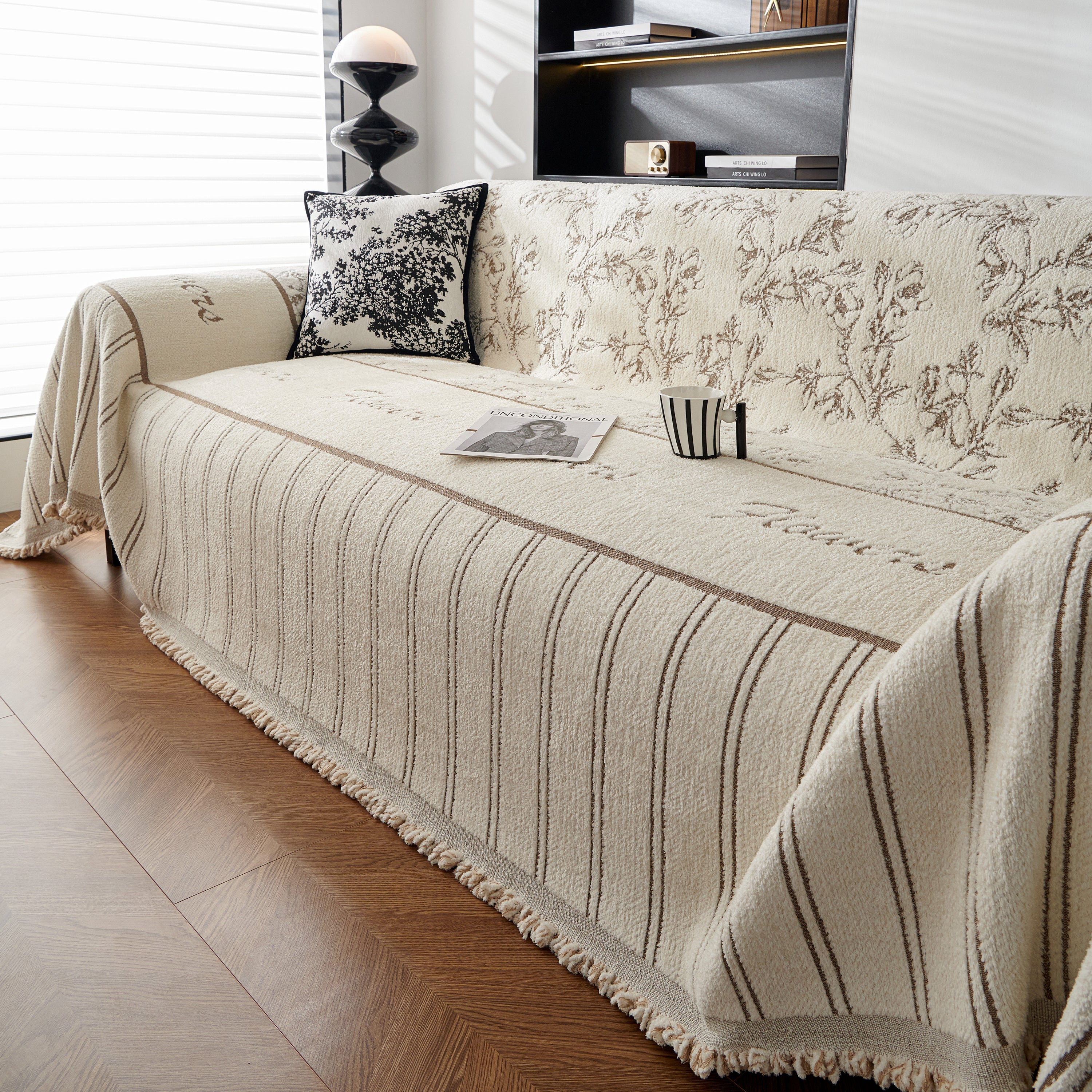 Chenille Striped Floral Couch Cover Sofa Slipcover For Most Shape Sofas, Reversible Sofa Throw Cover