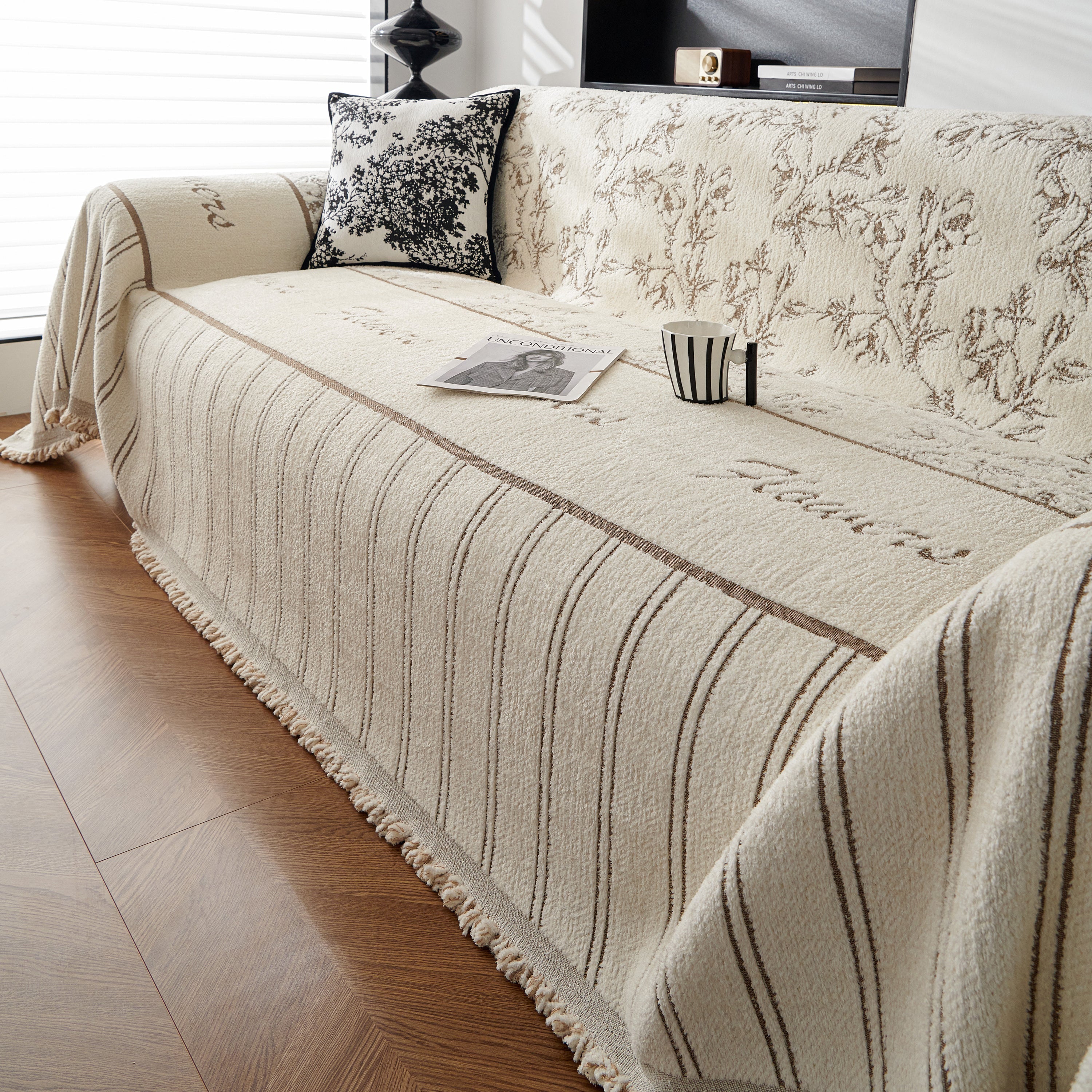 Chenille Striped Floral Couch Cover Sofa Slipcover For Most Shape Sofas, Reversible Sofa Throw Cover