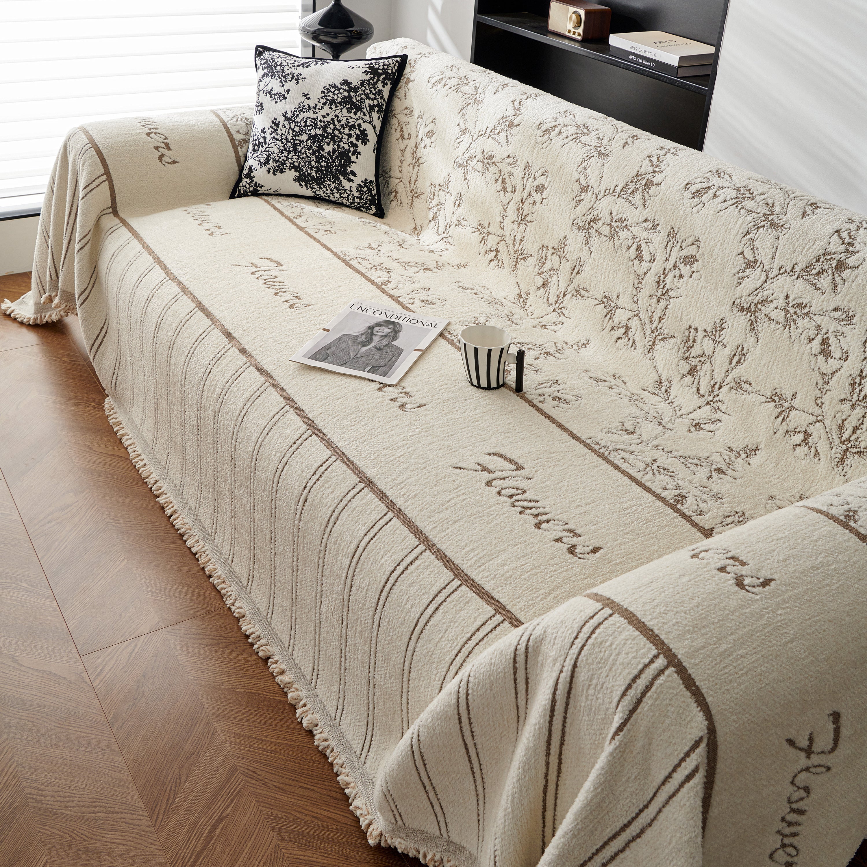 Chenille Striped Floral Couch Cover Sofa Slipcover For Most Shape Sofas, Reversible Sofa Throw Cover