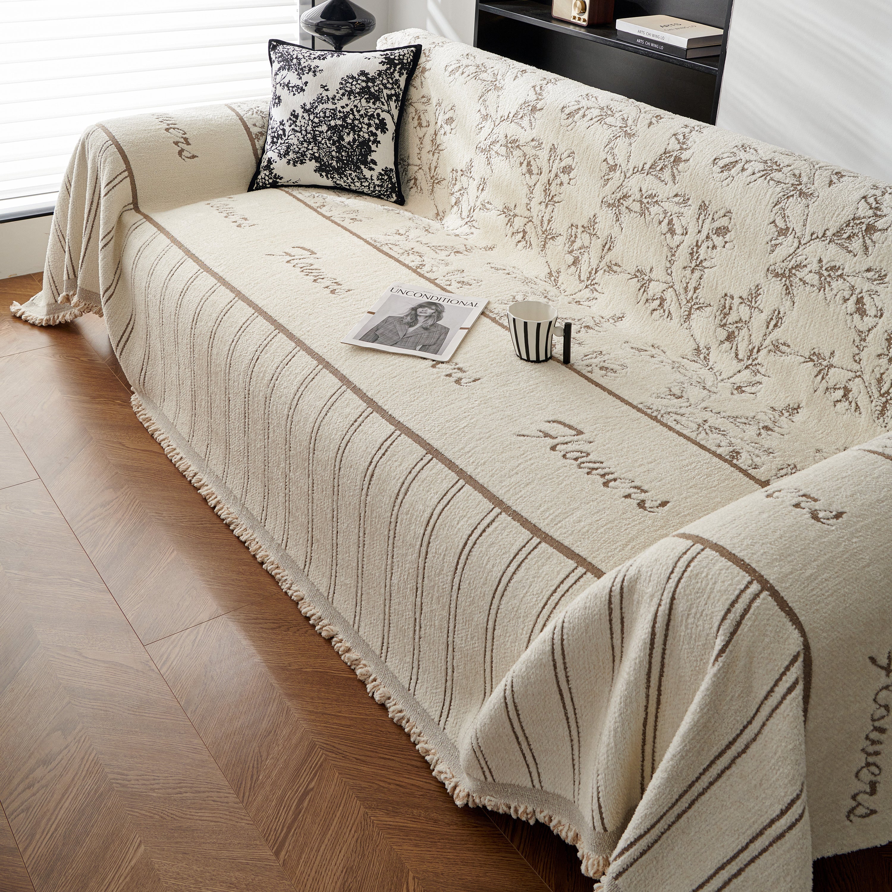 Chenille Striped Floral Couch Cover Sofa Slipcover For Most Shape Sofas, Reversible Sofa Throw Cover