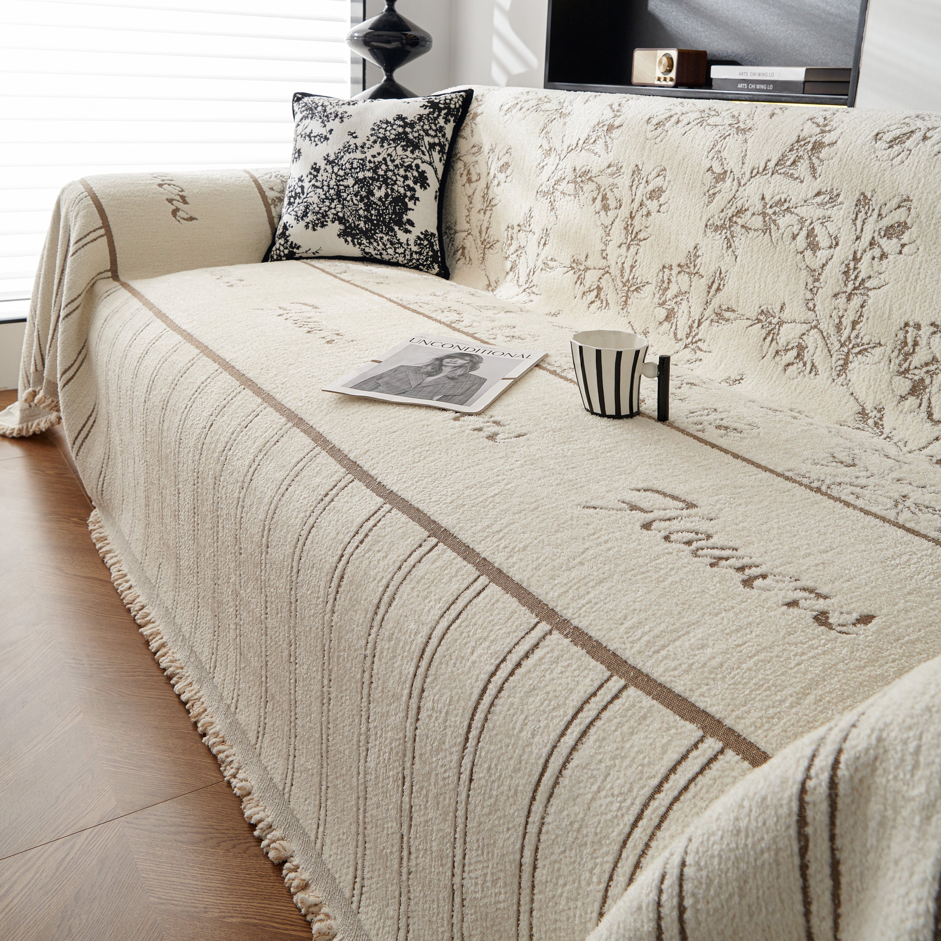 Chenille Striped Floral Couch Cover Sofa Slipcover For Most Shape Sofas, Reversible Sofa Throw Cover