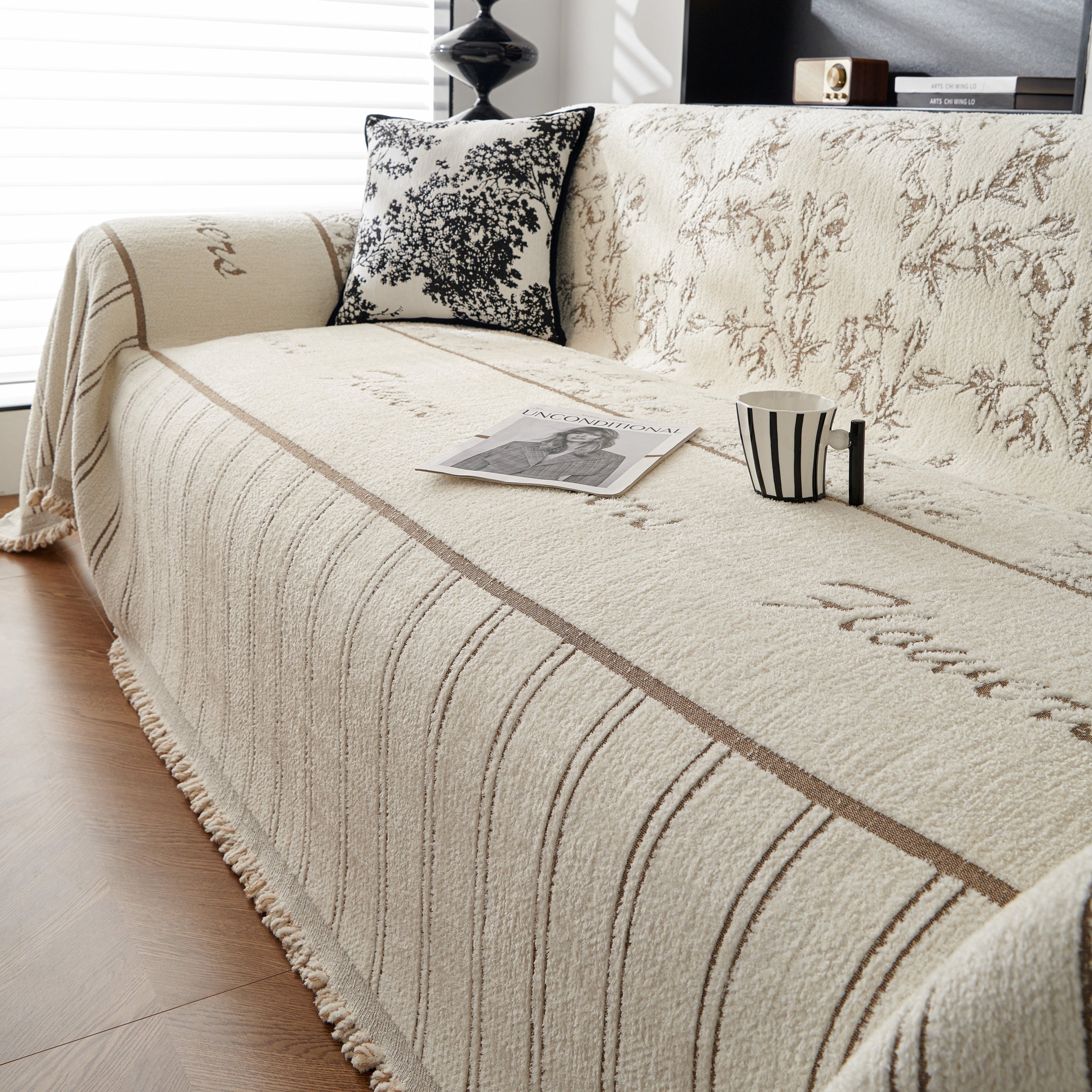 Chenille Striped Floral Couch Cover Sofa Slipcover For Most Shape Sofas, Reversible Sofa Throw Cover