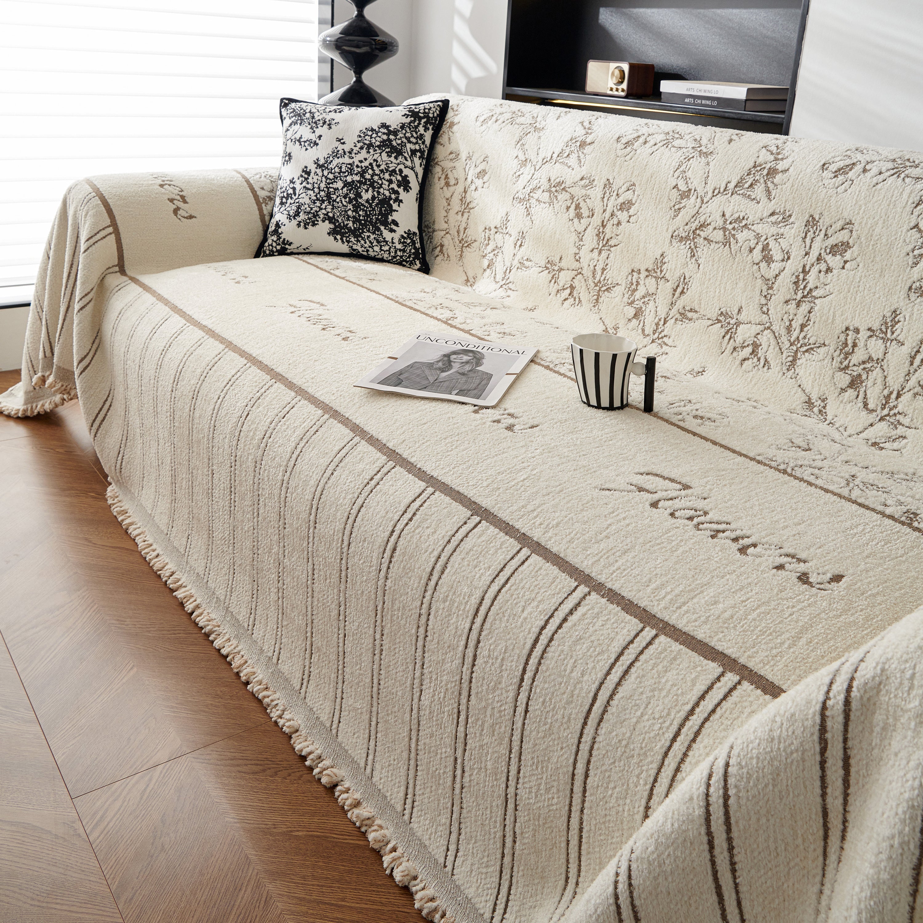 Chenille Striped Floral Couch Cover Sofa Slipcover For Most Shape Sofas, Reversible Sofa Throw Cover