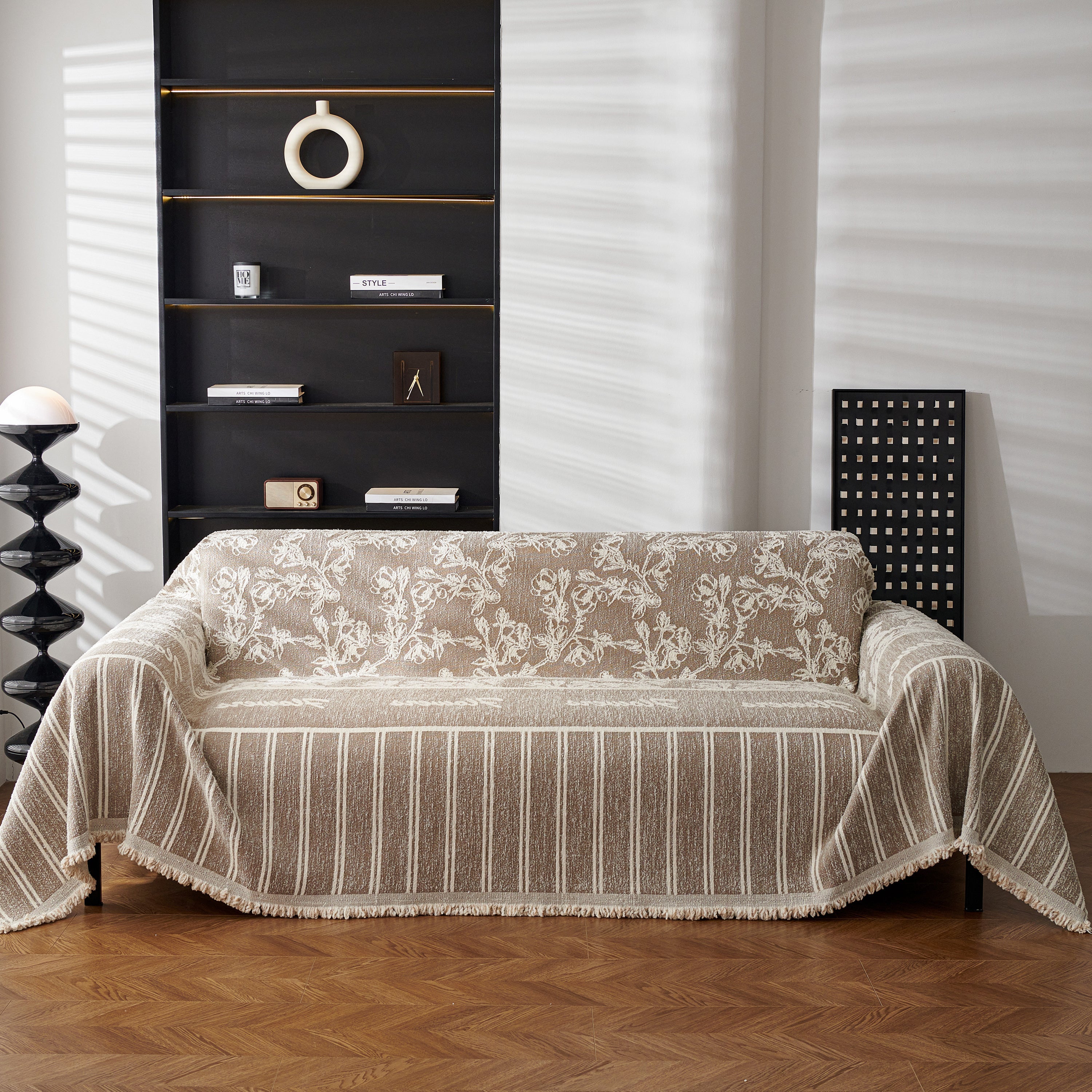 Chenille Striped Floral Couch Cover Sofa Slipcover For Most Shape Sofas, Reversible Sofa Throw Cover