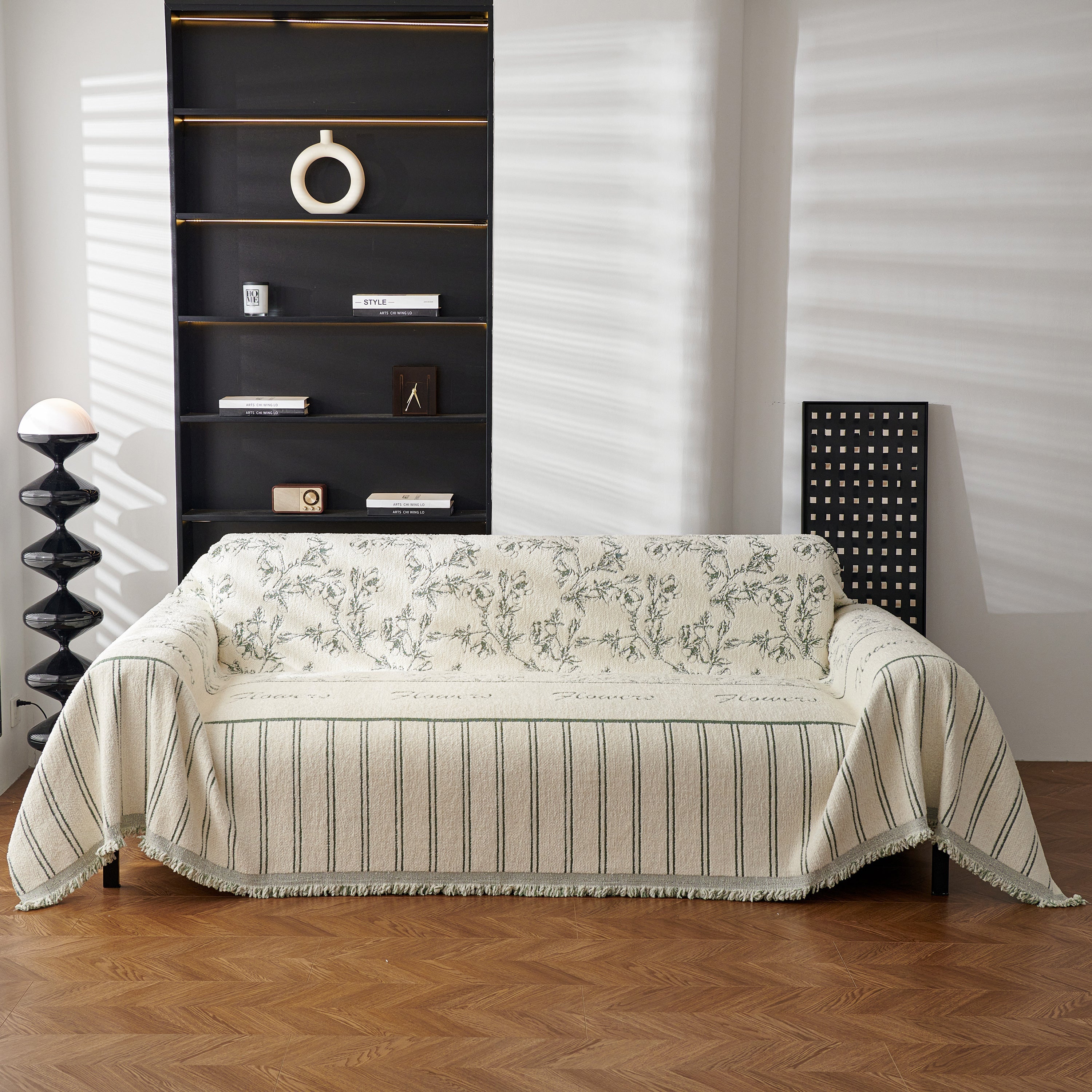 Chenille Striped Floral Couch Cover Sofa Slipcover For Most Shape Sofas, Reversible Sofa Throw Cover