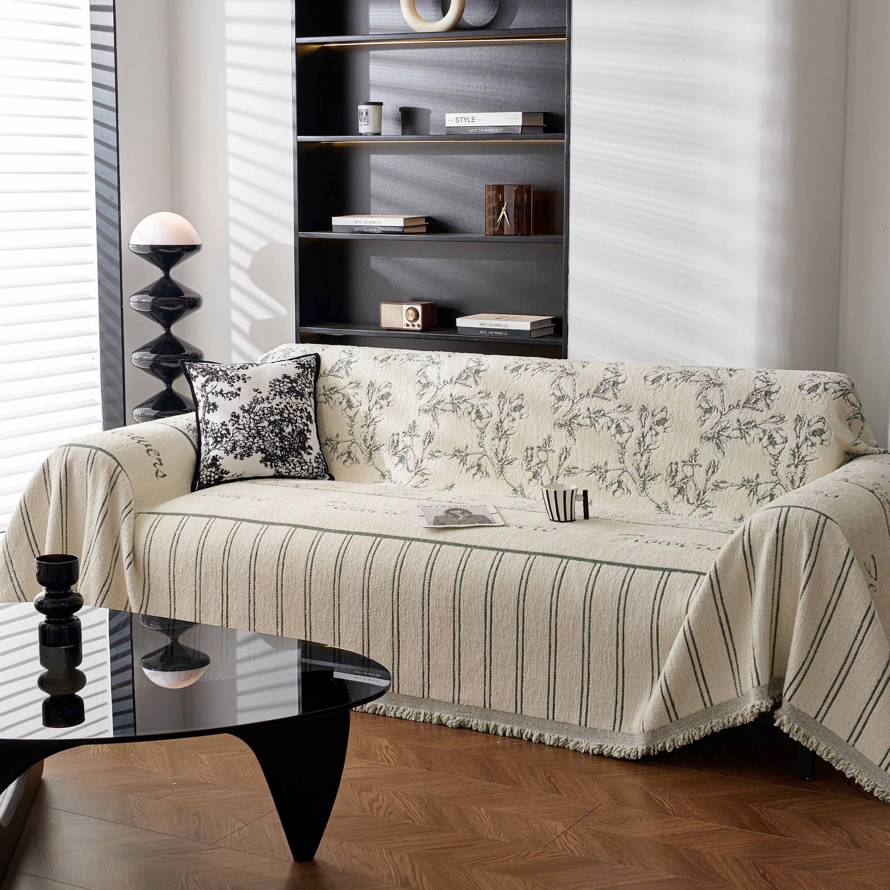Chenille Striped Floral Couch Cover Sofa Slipcover For Most Shape Sofas, Reversible Sofa Throw Cover