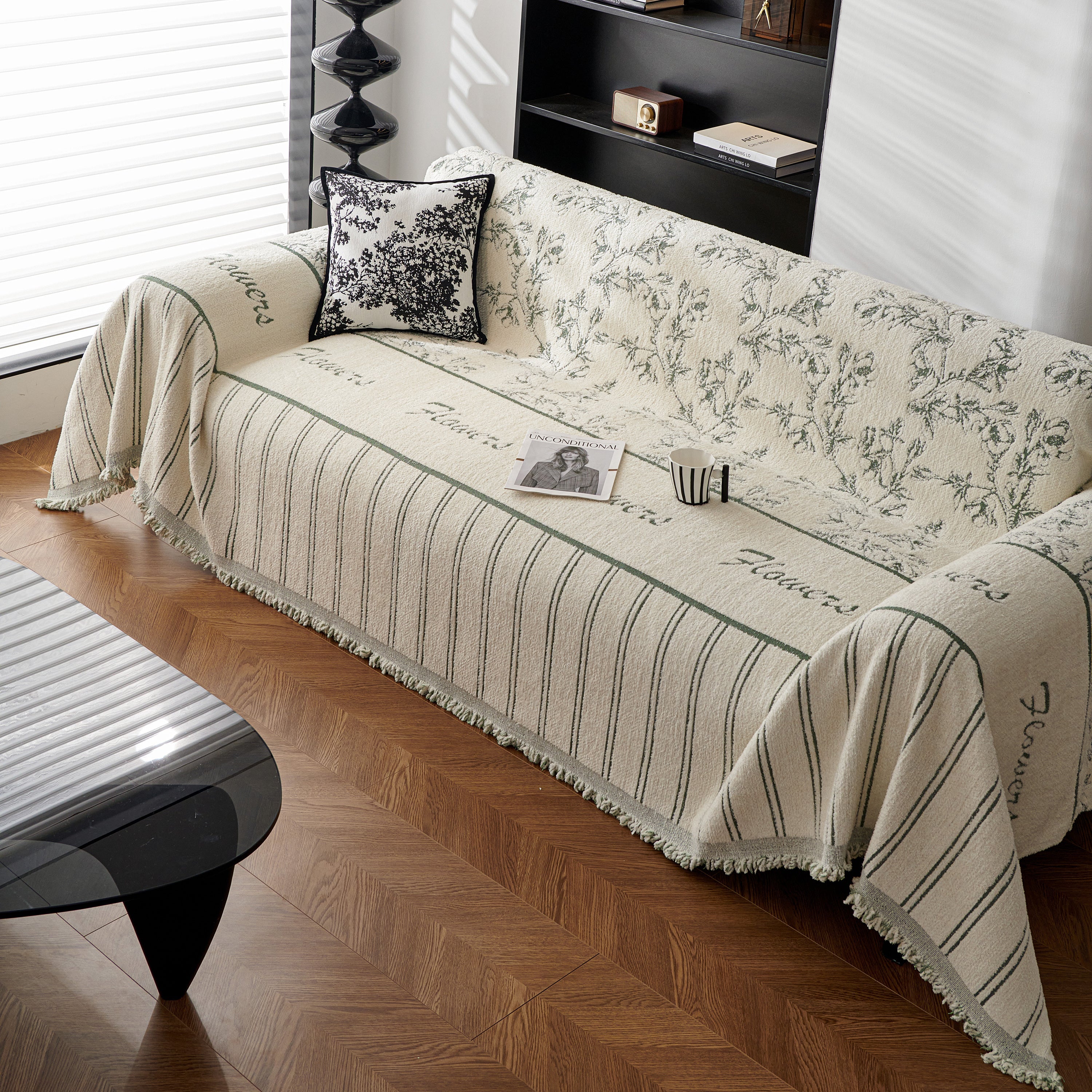 Chenille Striped Floral Couch Cover Sofa Slipcover For Most Shape Sofas, Reversible Sofa Throw Cover