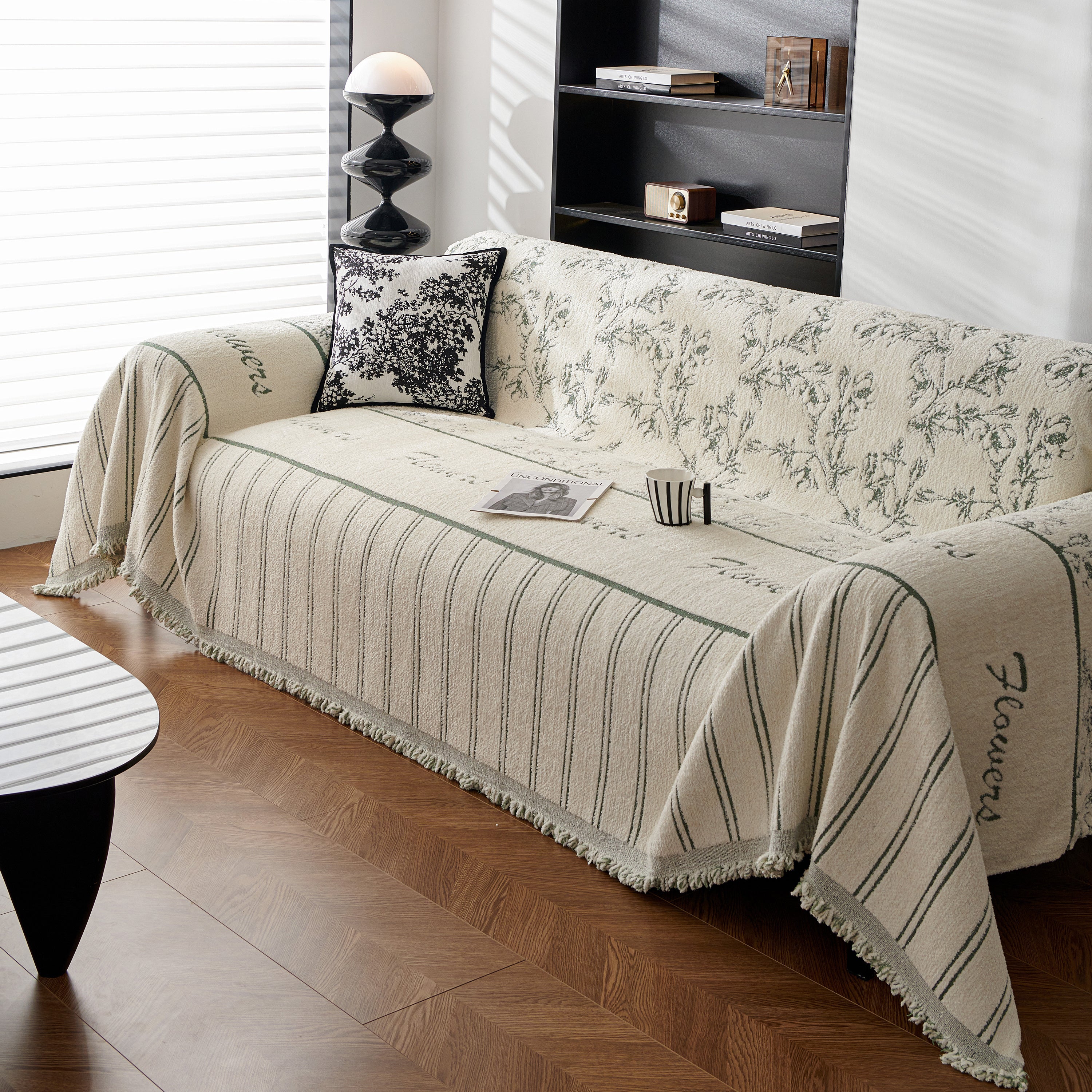 Chenille Striped Floral Couch Cover Sofa Slipcover For Most Shape Sofas, Reversible Sofa Throw Cover
