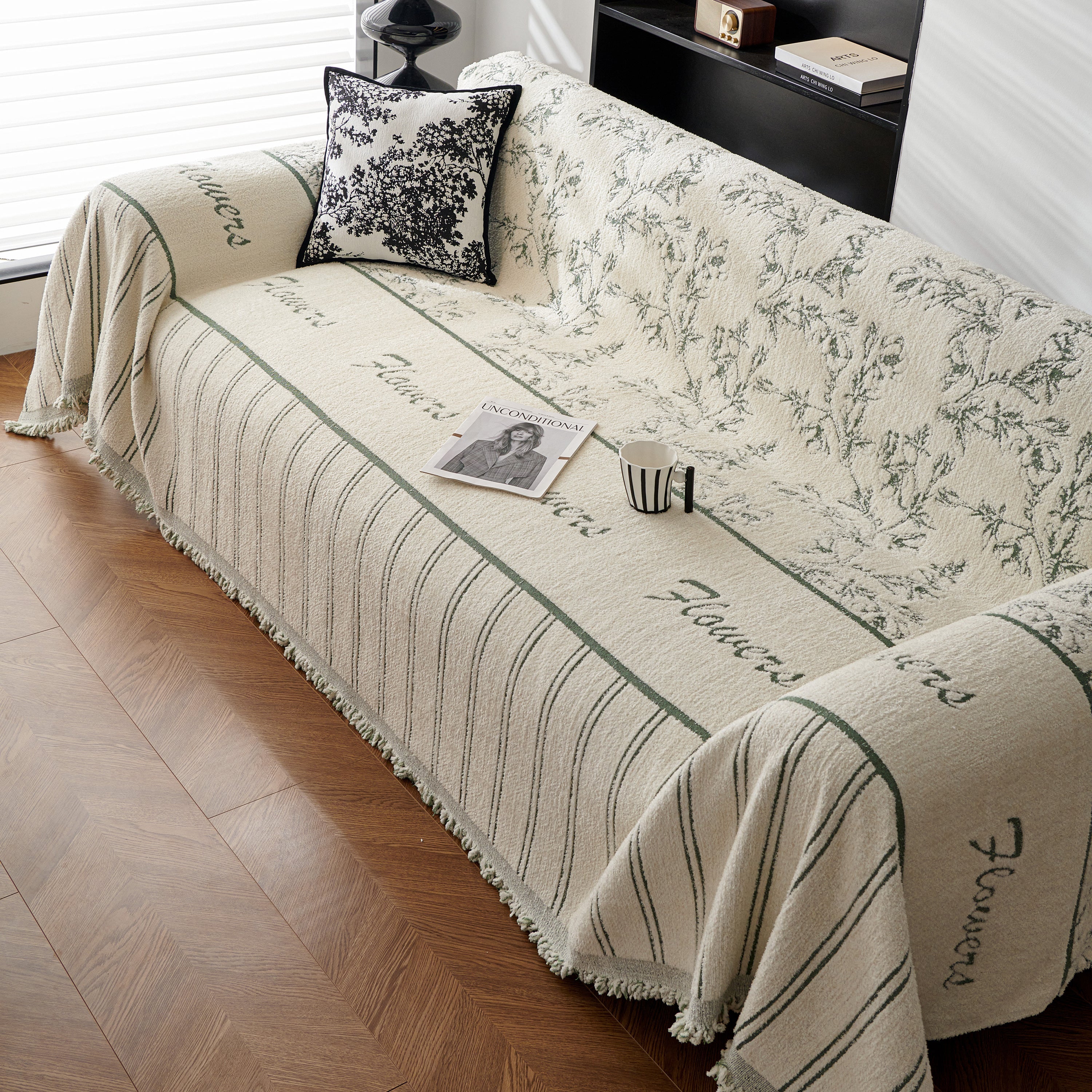Chenille Striped Floral Couch Cover Sofa Slipcover For Most Shape Sofas, Reversible Sofa Throw Cover