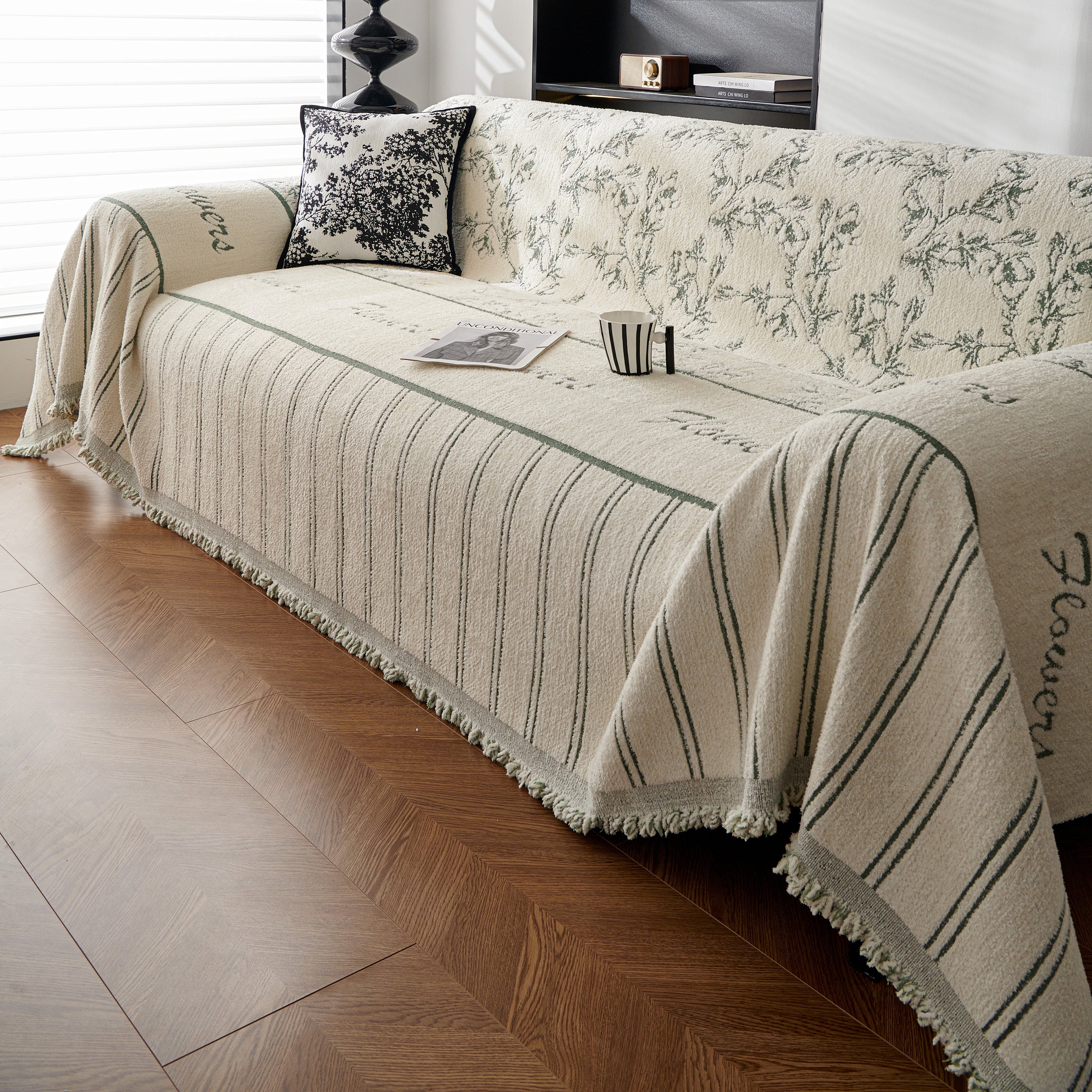 Chenille Striped Floral Couch Cover Sofa Slipcover For Most Shape Sofas, Reversible Sofa Throw Cover