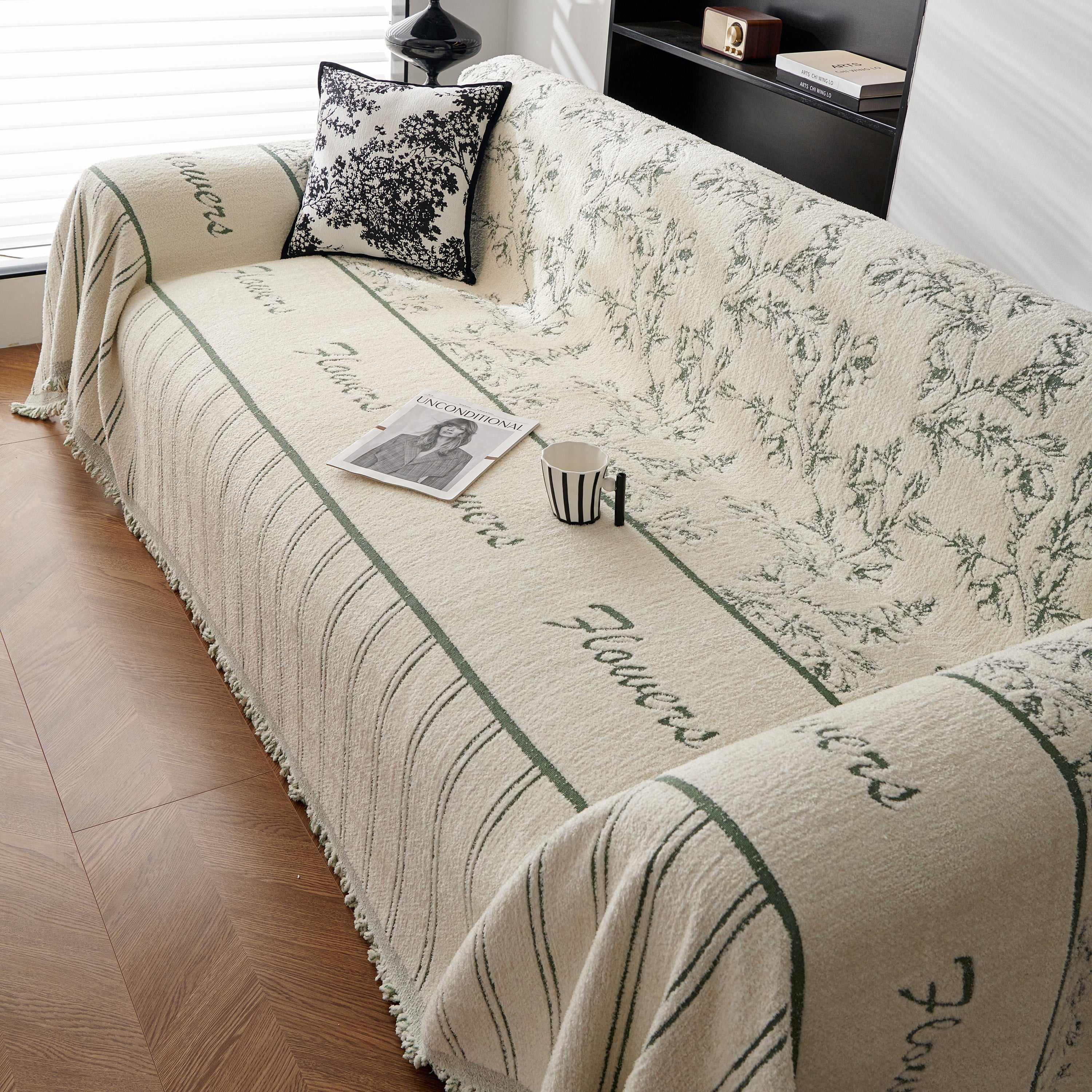Chenille Striped Floral Couch Cover Sofa Slipcover For Most Shape Sofas, Reversible Sofa Throw Cover