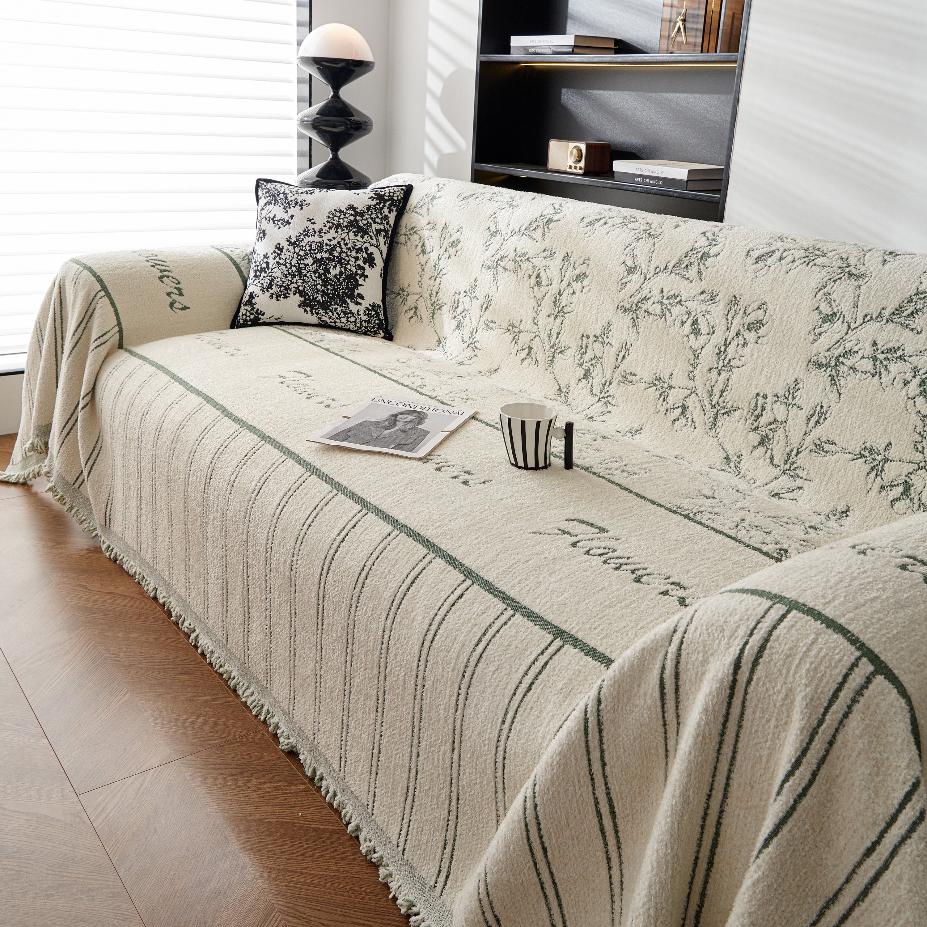 Chenille Striped Floral Couch Cover Sofa Slipcover For Most Shape Sofas, Reversible Sofa Throw Cover