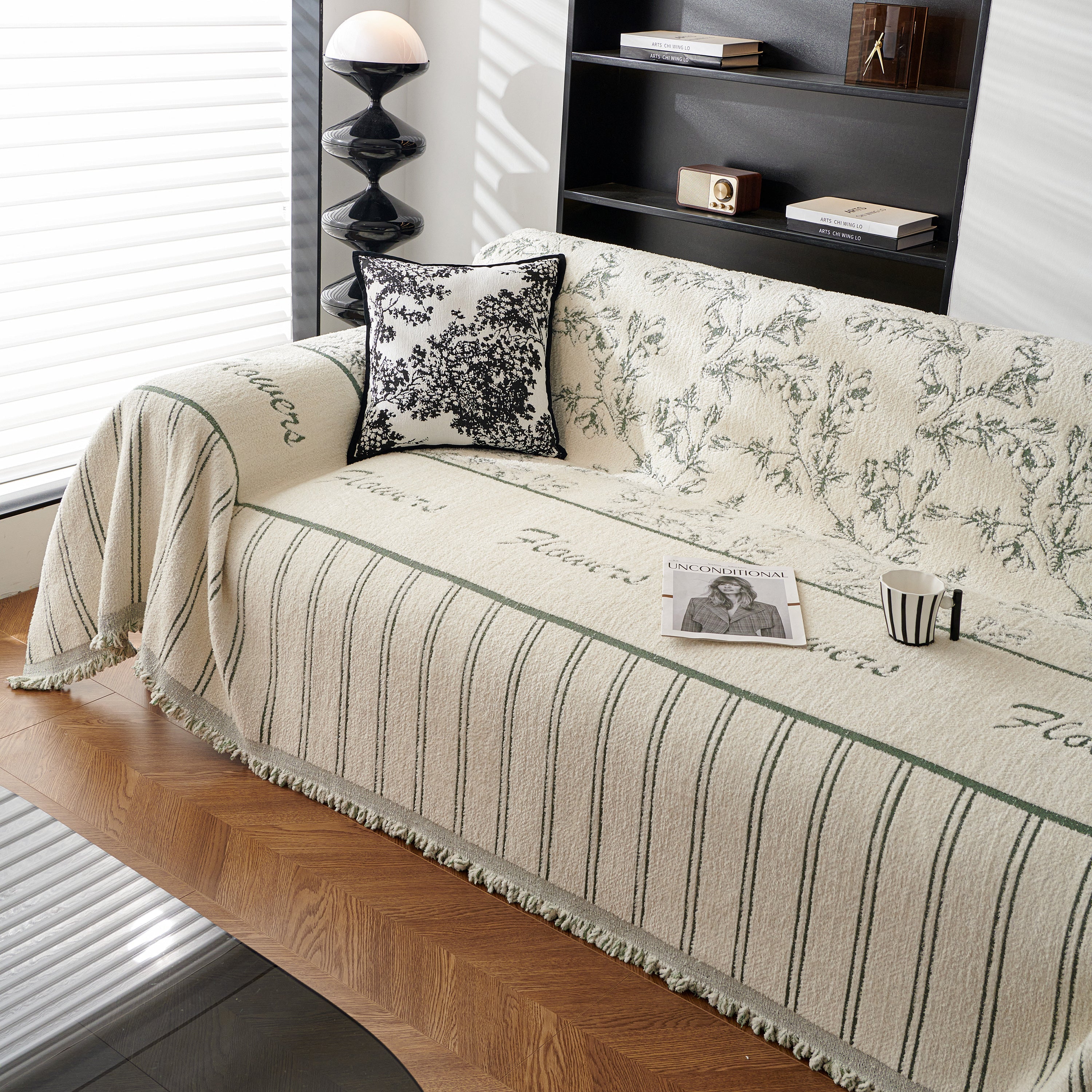 Chenille Striped Floral Couch Cover Sofa Slipcover For Most Shape Sofas, Reversible Sofa Throw Cover