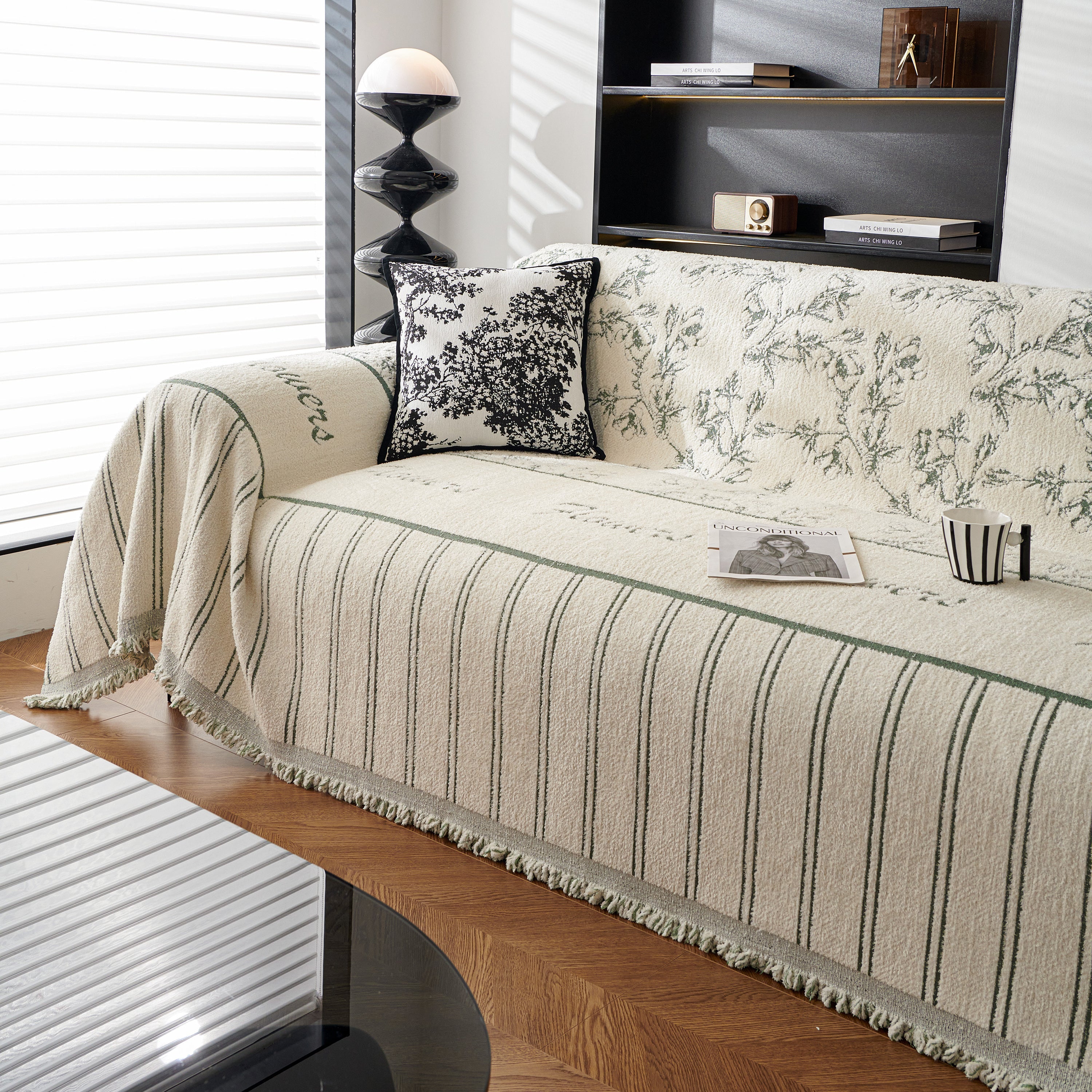 Chenille Striped Floral Couch Cover Sofa Slipcover For Most Shape Sofas, Reversible Sofa Throw Cover