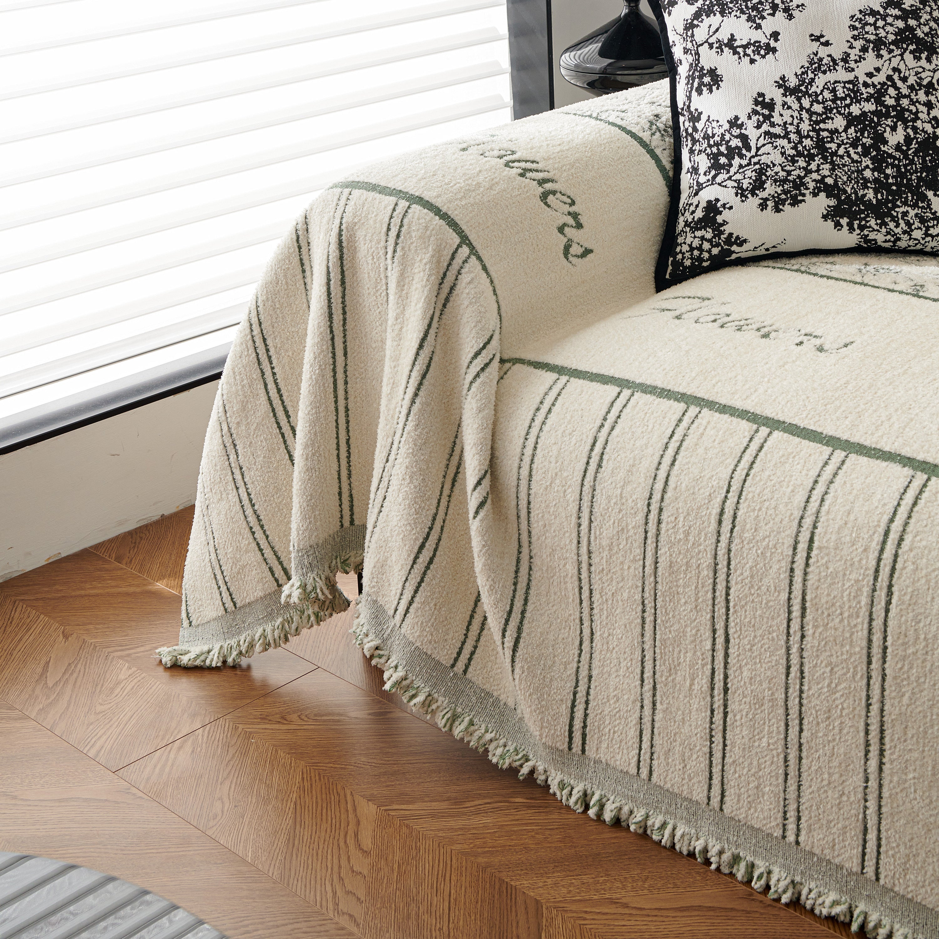 Chenille Striped Floral Couch Cover Sofa Slipcover For Most Shape Sofas, Reversible Sofa Throw Cover