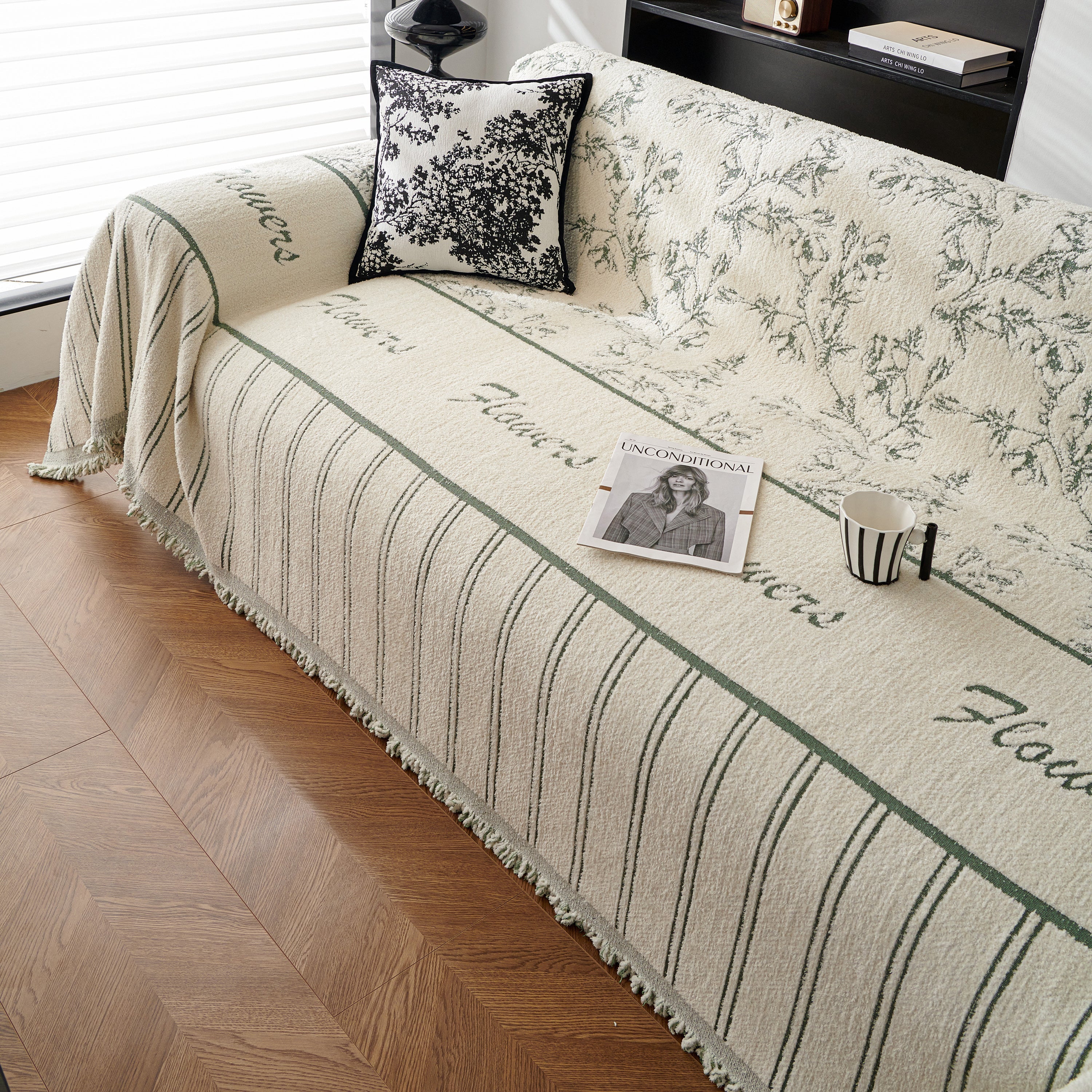 Chenille Striped Floral Couch Cover Sofa Slipcover For Most Shape Sofas, Reversible Sofa Throw Cover