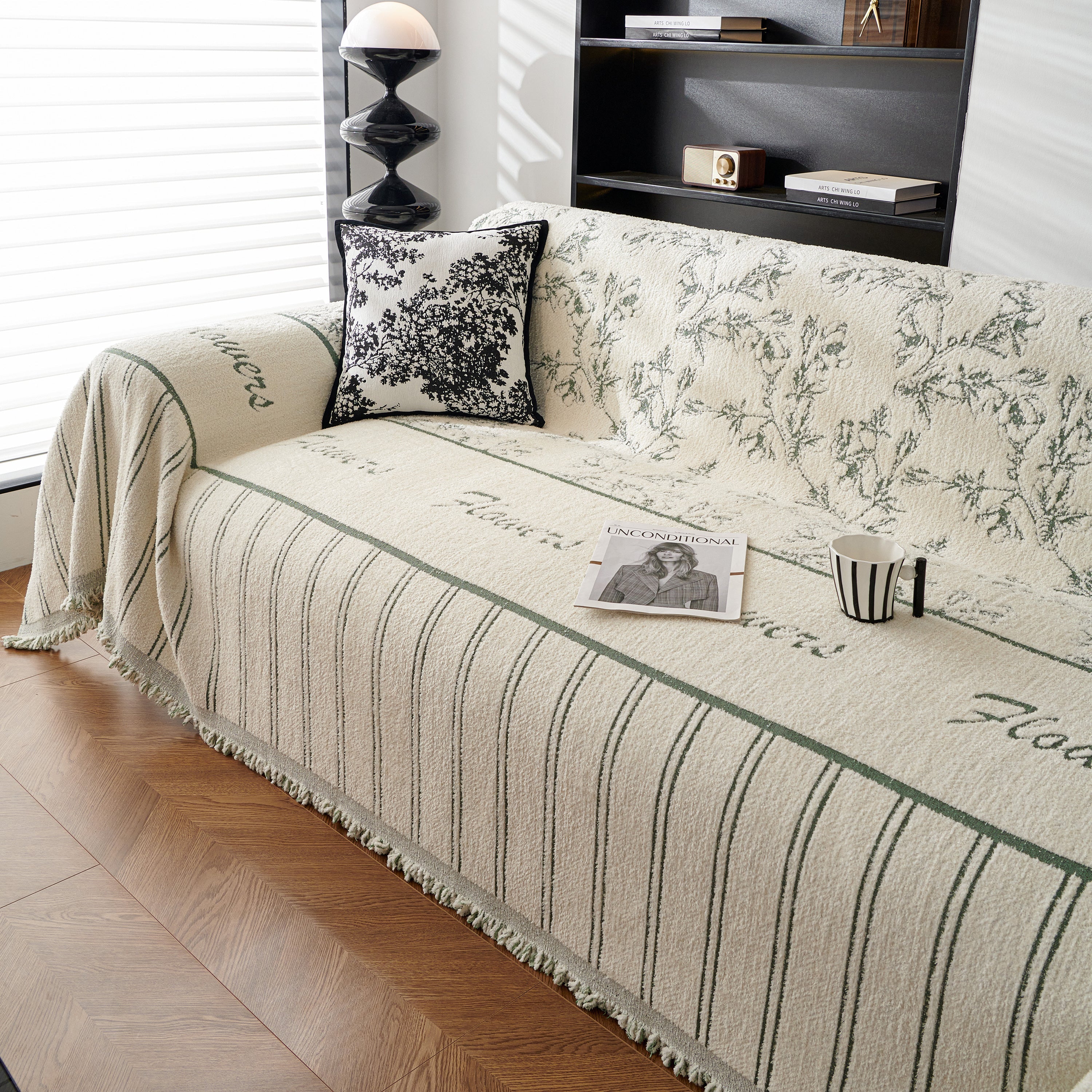 Chenille Striped Floral Couch Cover Sofa Slipcover For Most Shape Sofas, Reversible Sofa Throw Cover