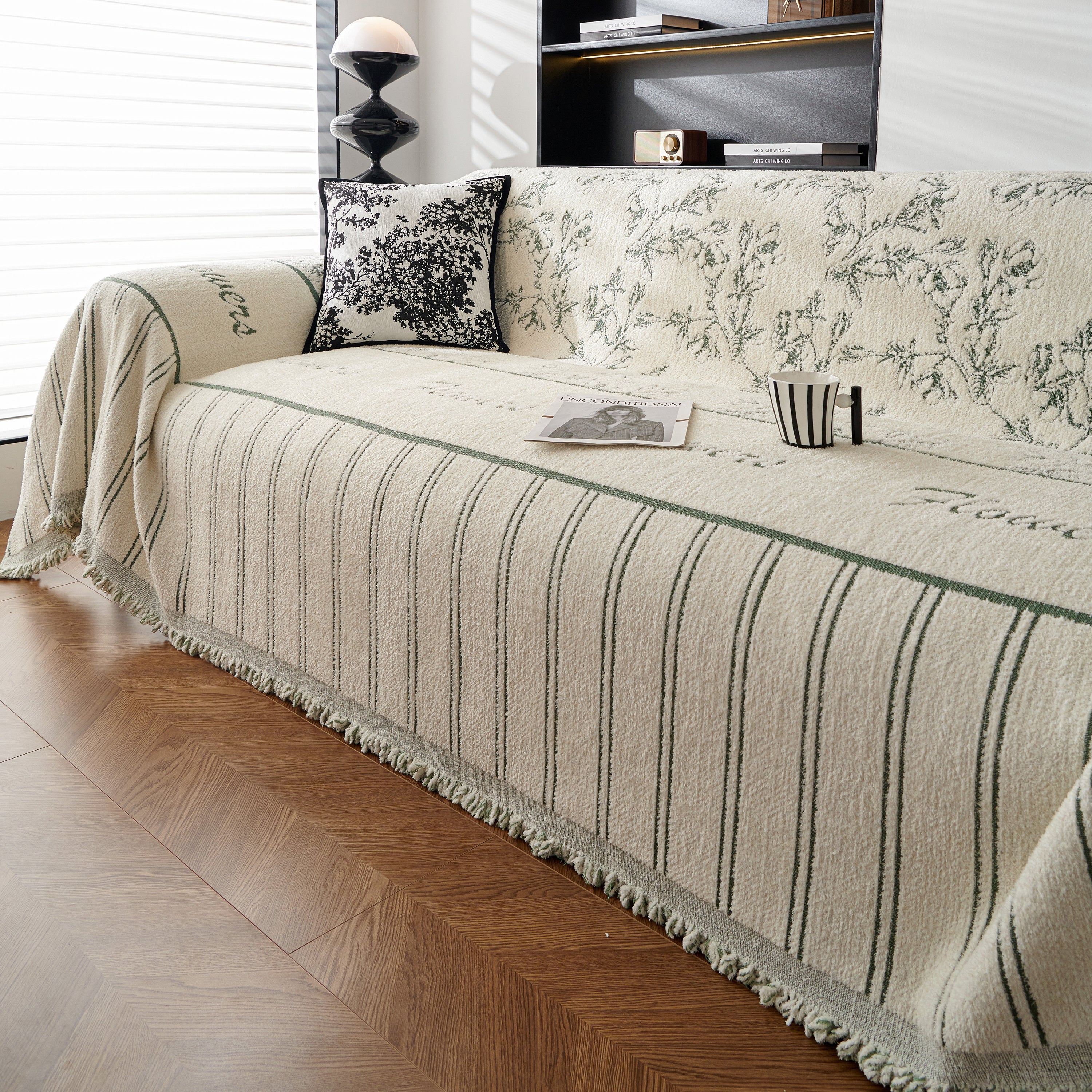 Chenille Striped Floral Couch Cover Sofa Slipcover For Most Shape Sofas, Reversible Sofa Throw Cover