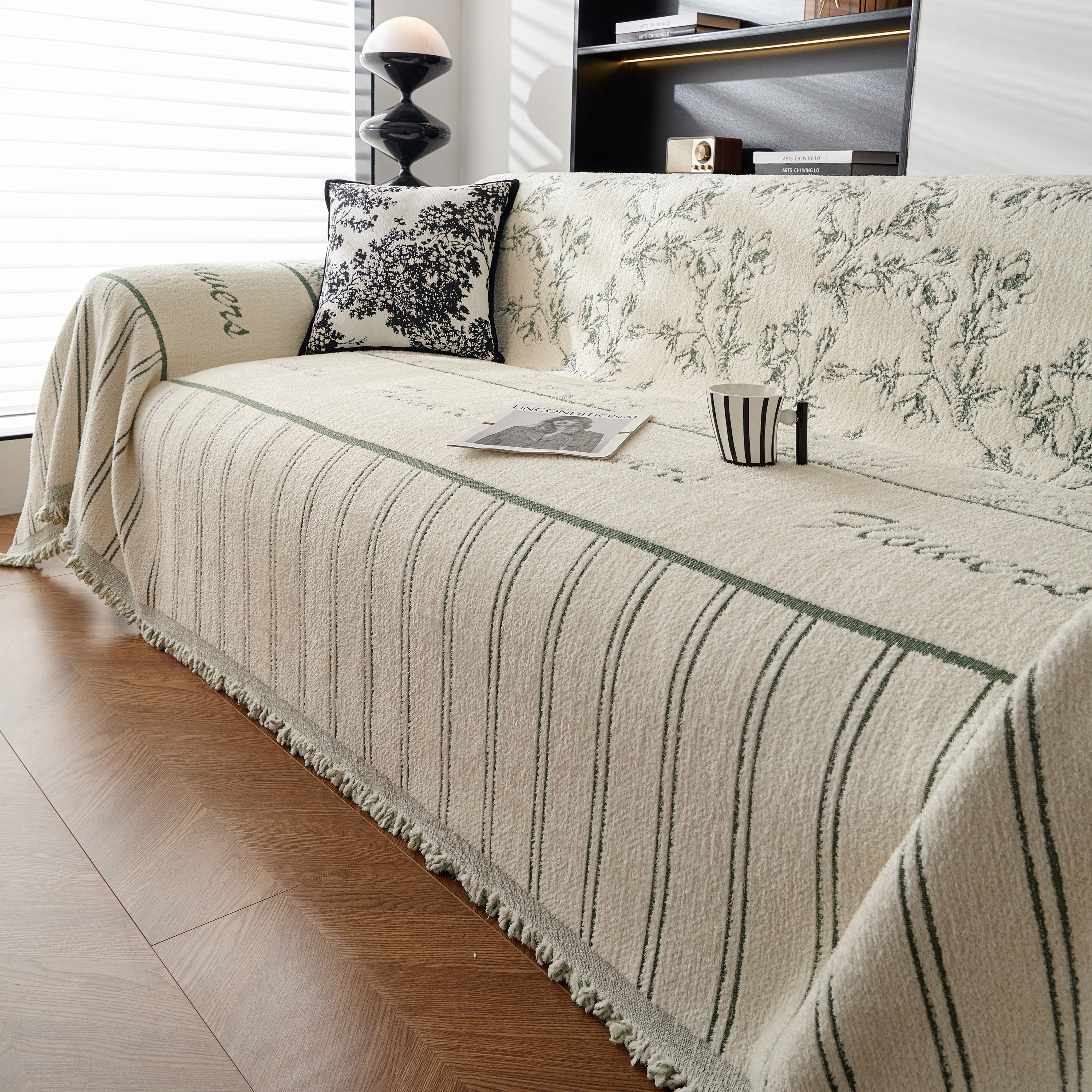 Chenille Striped Floral Couch Cover Sofa Slipcover For Most Shape Sofas, Reversible Sofa Throw Cover