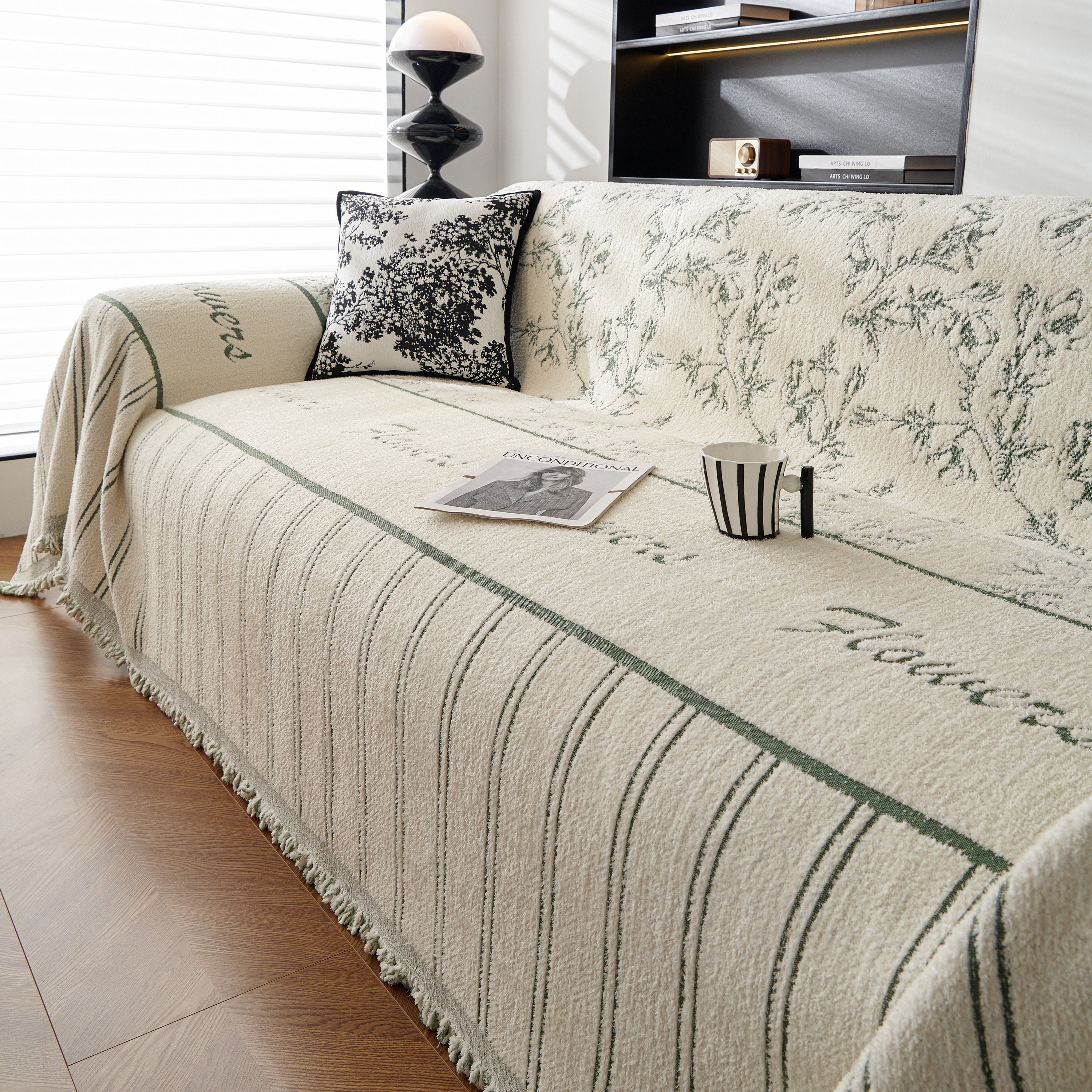 Chenille Striped Floral Couch Cover Sofa Slipcover For Most Shape Sofas, Reversible Sofa Throw Cover