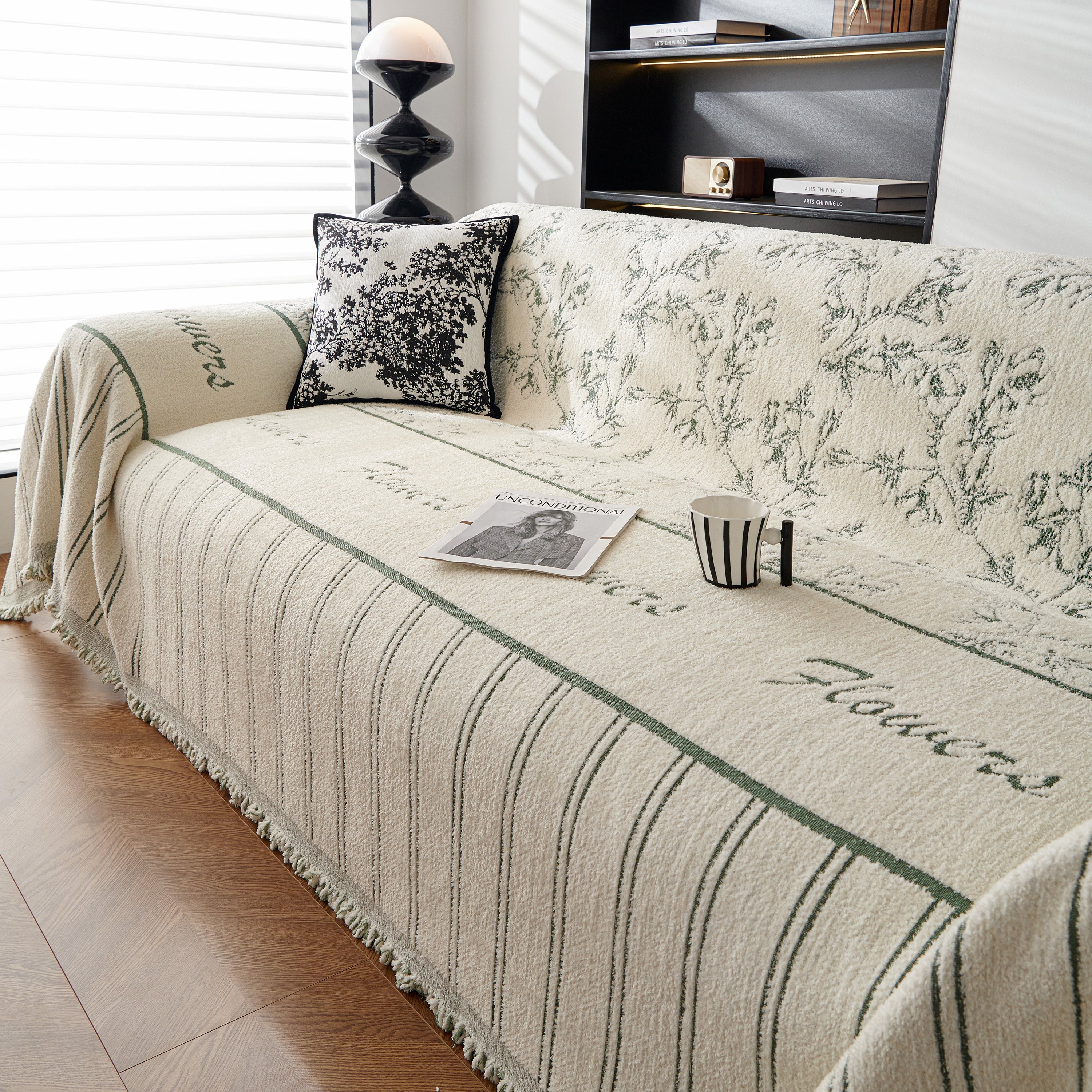 Chenille Striped Floral Couch Cover Sofa Slipcover For Most Shape Sofas, Reversible Sofa Throw Cover