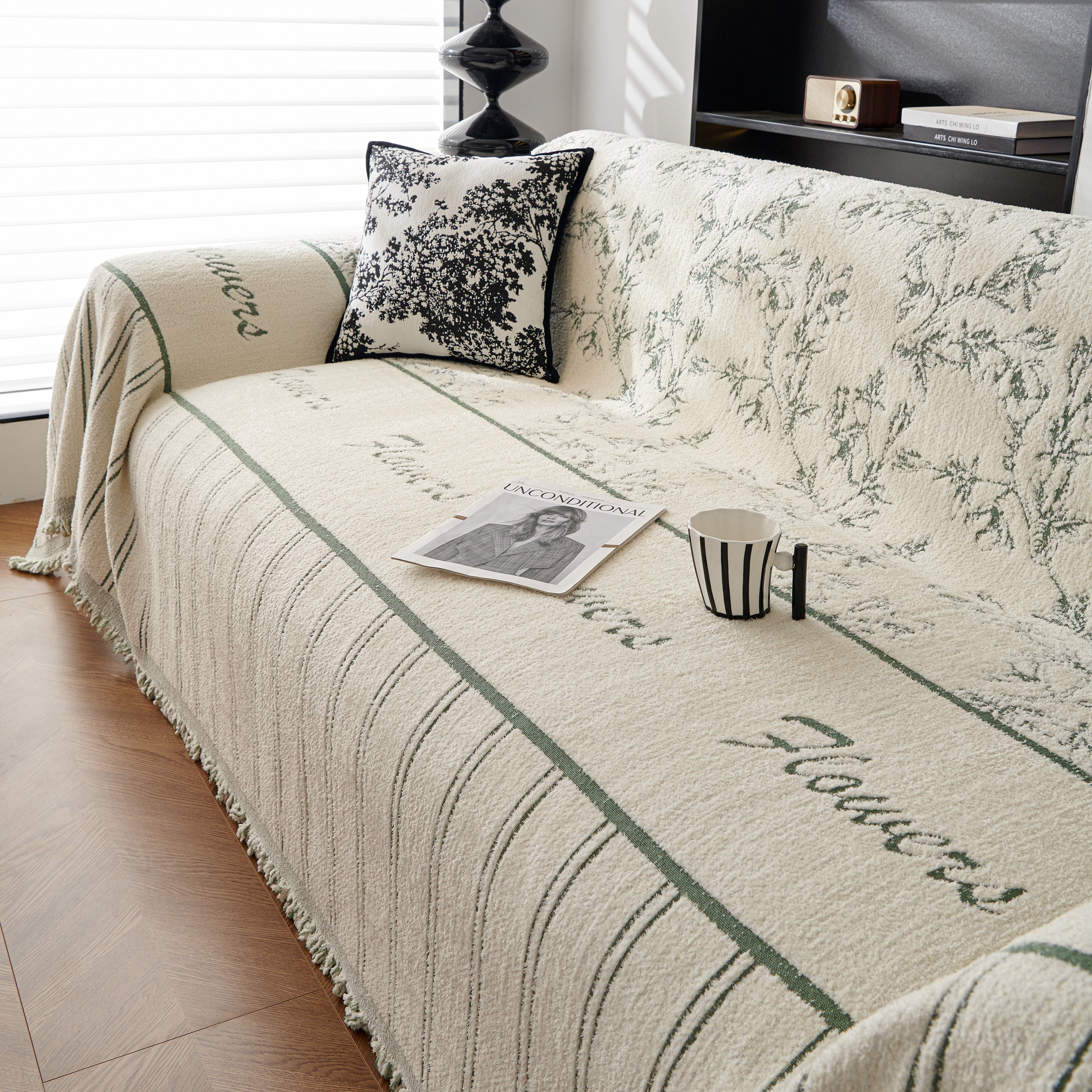 Chenille Striped Floral Couch Cover Sofa Slipcover For Most Shape Sofas, Reversible Sofa Throw Cover