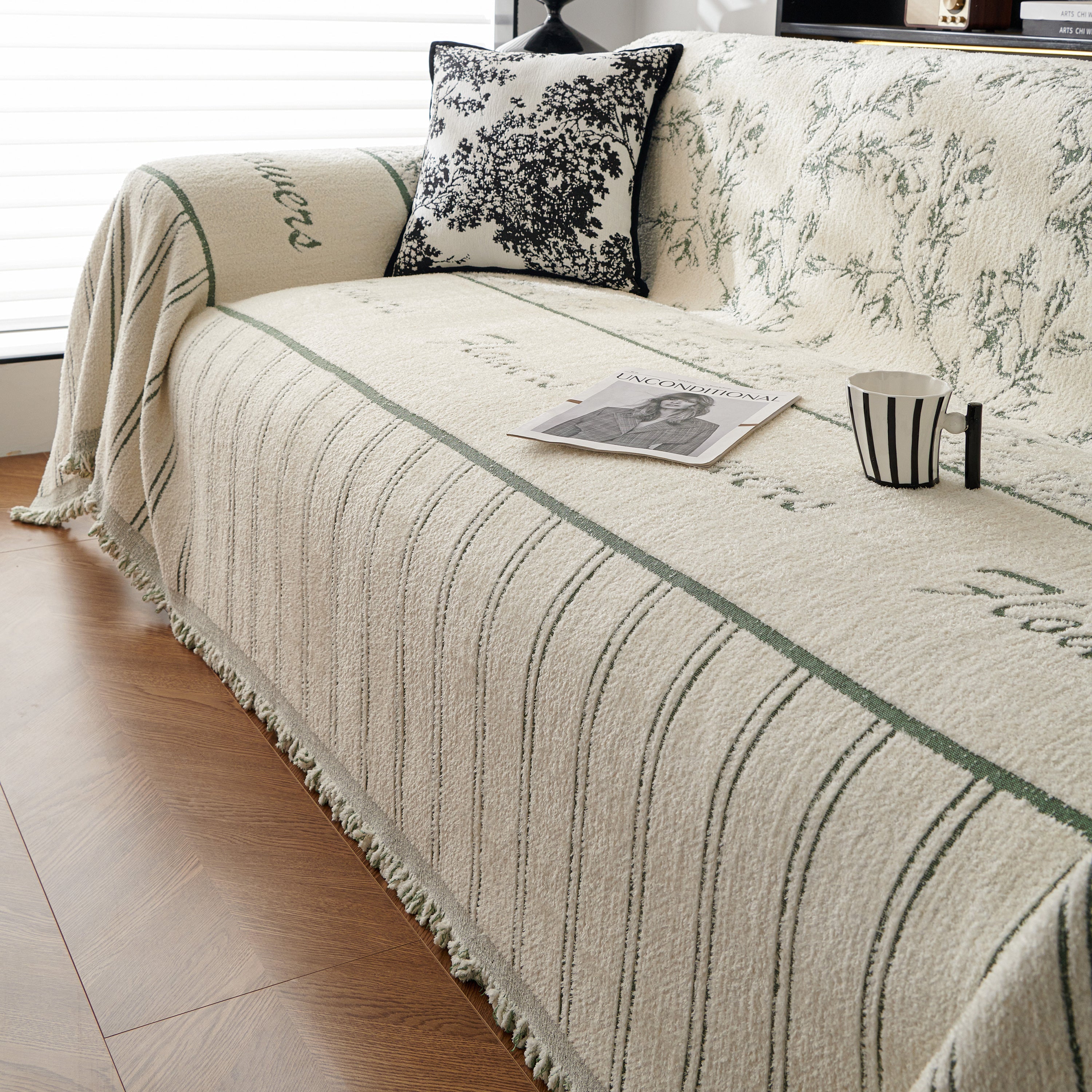 Chenille Striped Floral Couch Cover Sofa Slipcover For Most Shape Sofas, Reversible Sofa Throw Cover