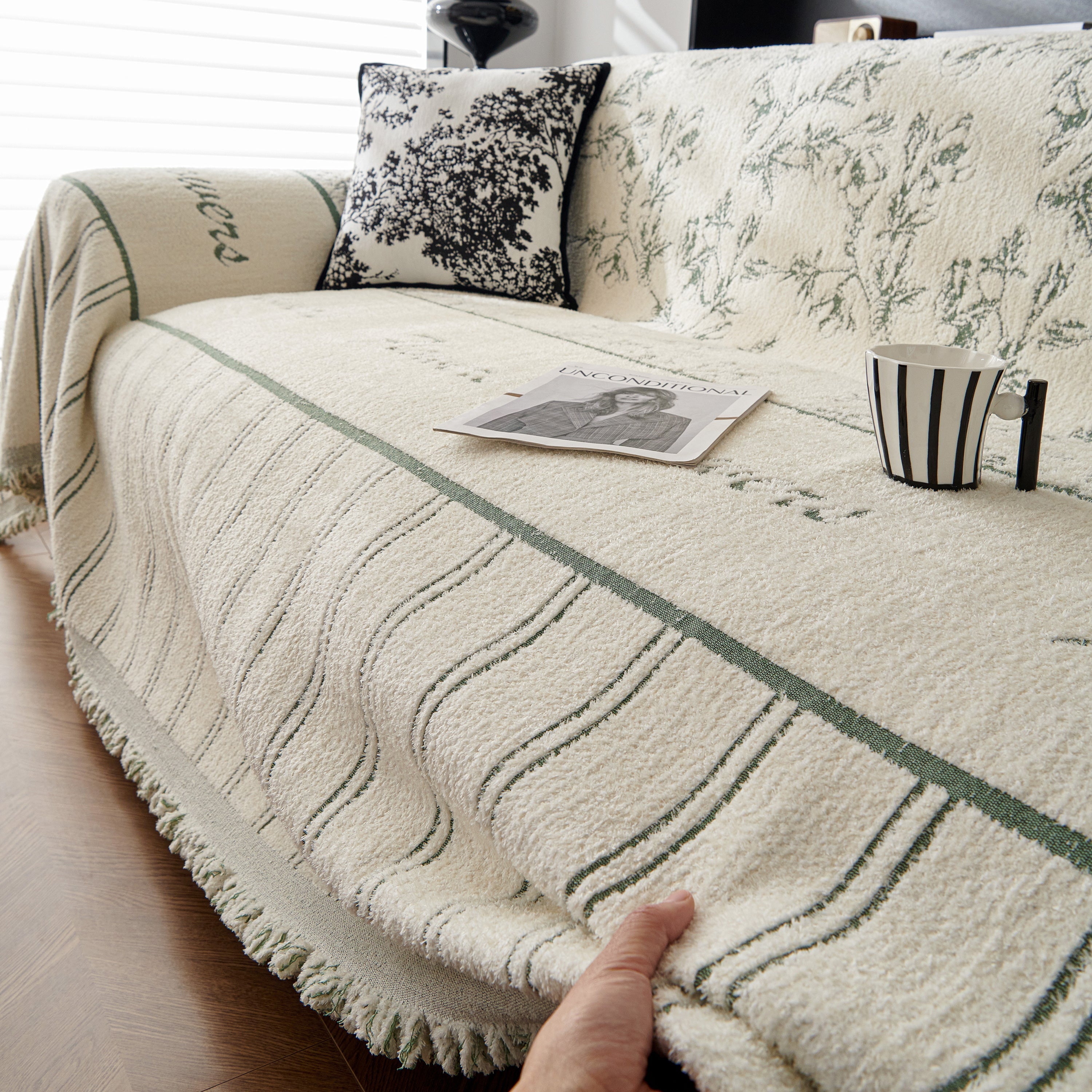 Chenille Striped Floral Couch Cover Sofa Slipcover For Most Shape Sofas, Reversible Sofa Throw Cover