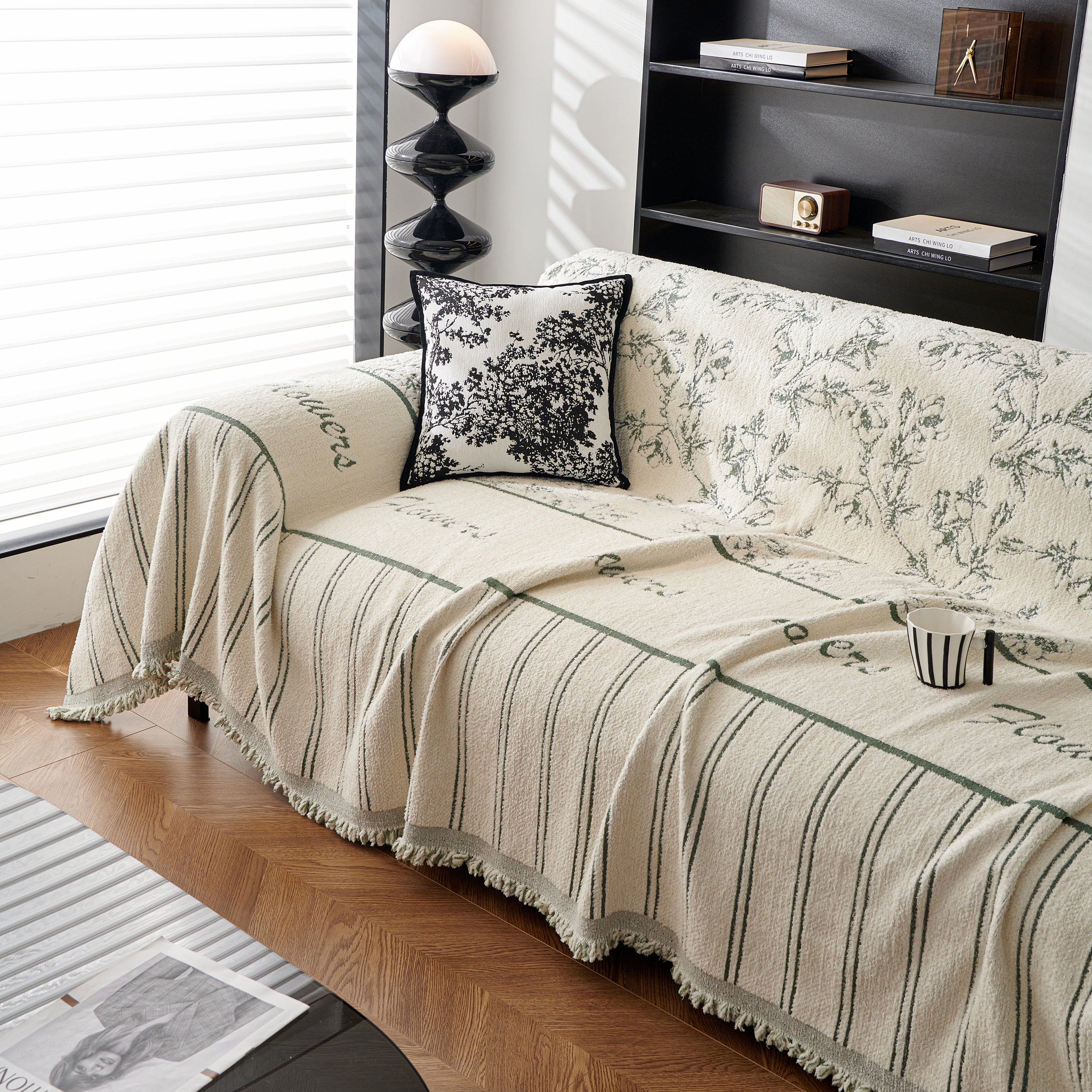 Chenille Striped Floral Couch Cover Sofa Slipcover For Most Shape Sofas, Reversible Sofa Throw Cover