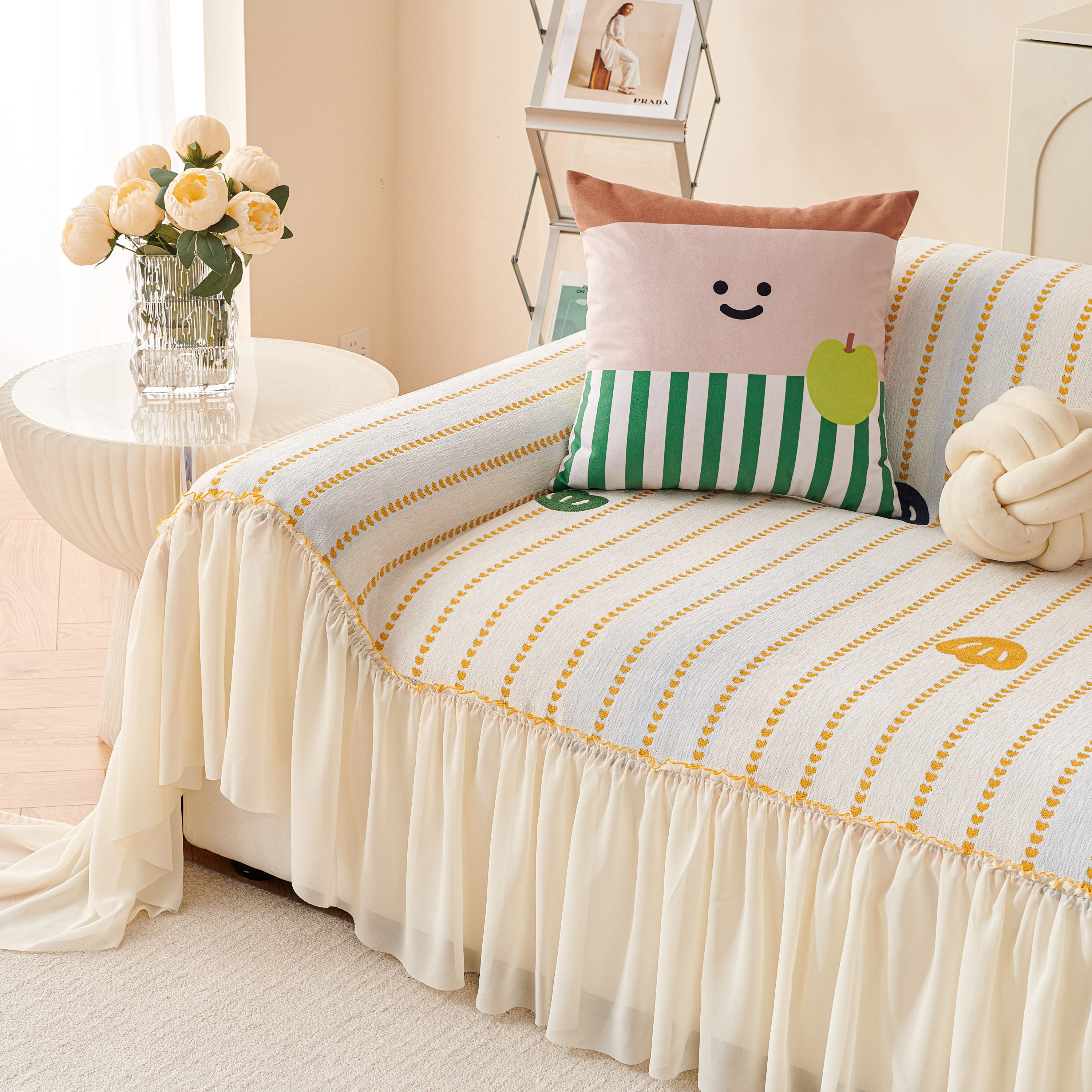 Cute Dotted Stripe Couch Protector, Non-slip Washable Sofa Cover With Ruffled Skirt
