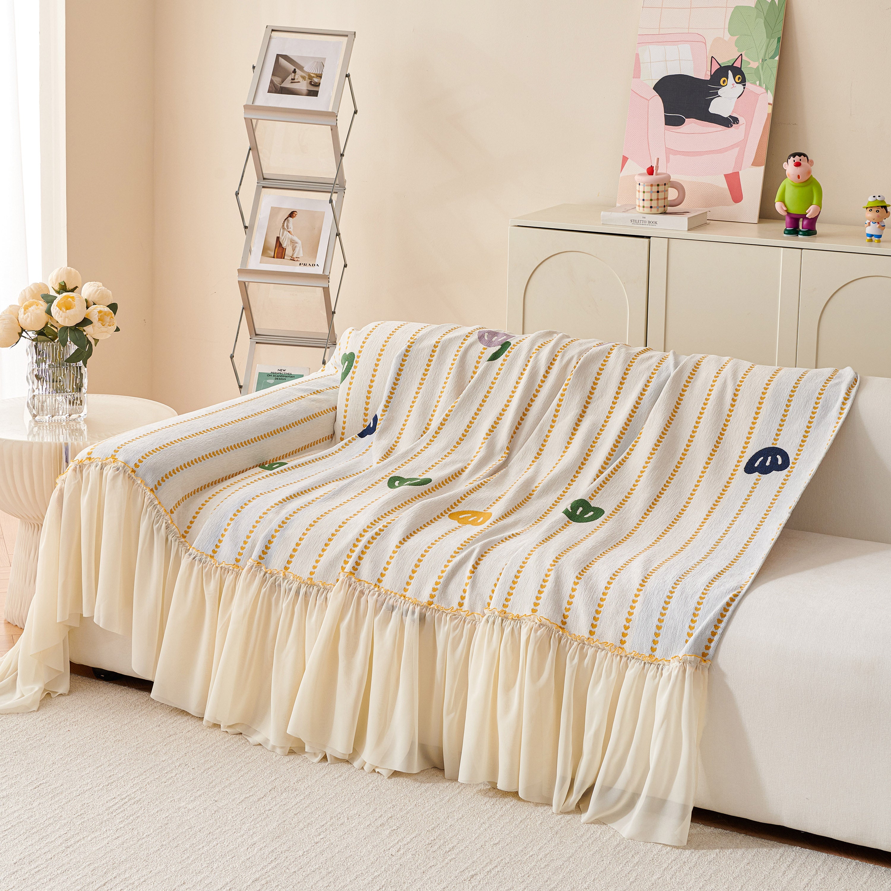 Cute Dotted Stripe Couch Protector, Non-slip Washable Sofa Cover With Ruffled Skirt