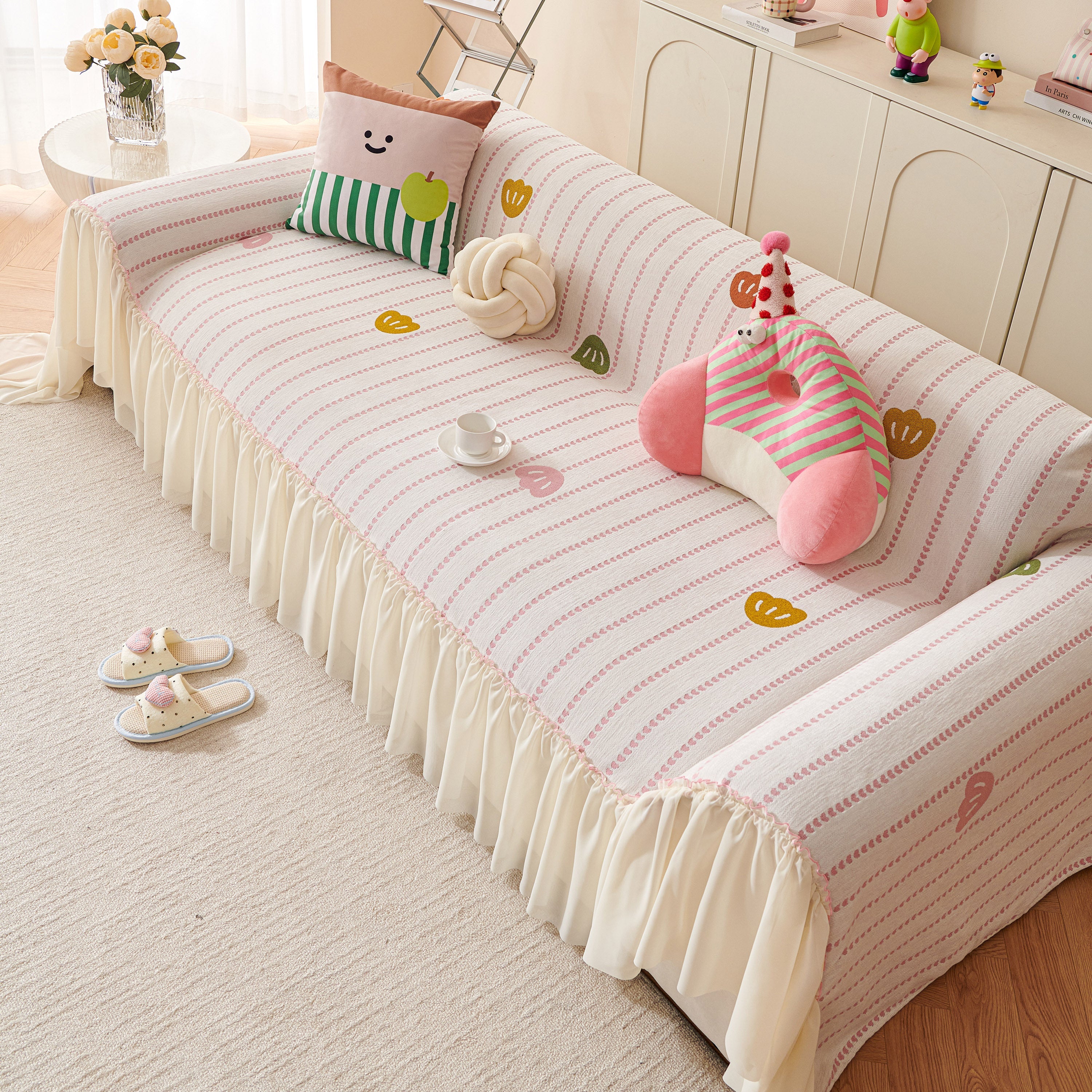 Cute Dotted Stripe Couch Protector, Non-slip Washable Sofa Cover With Ruffled Skirt