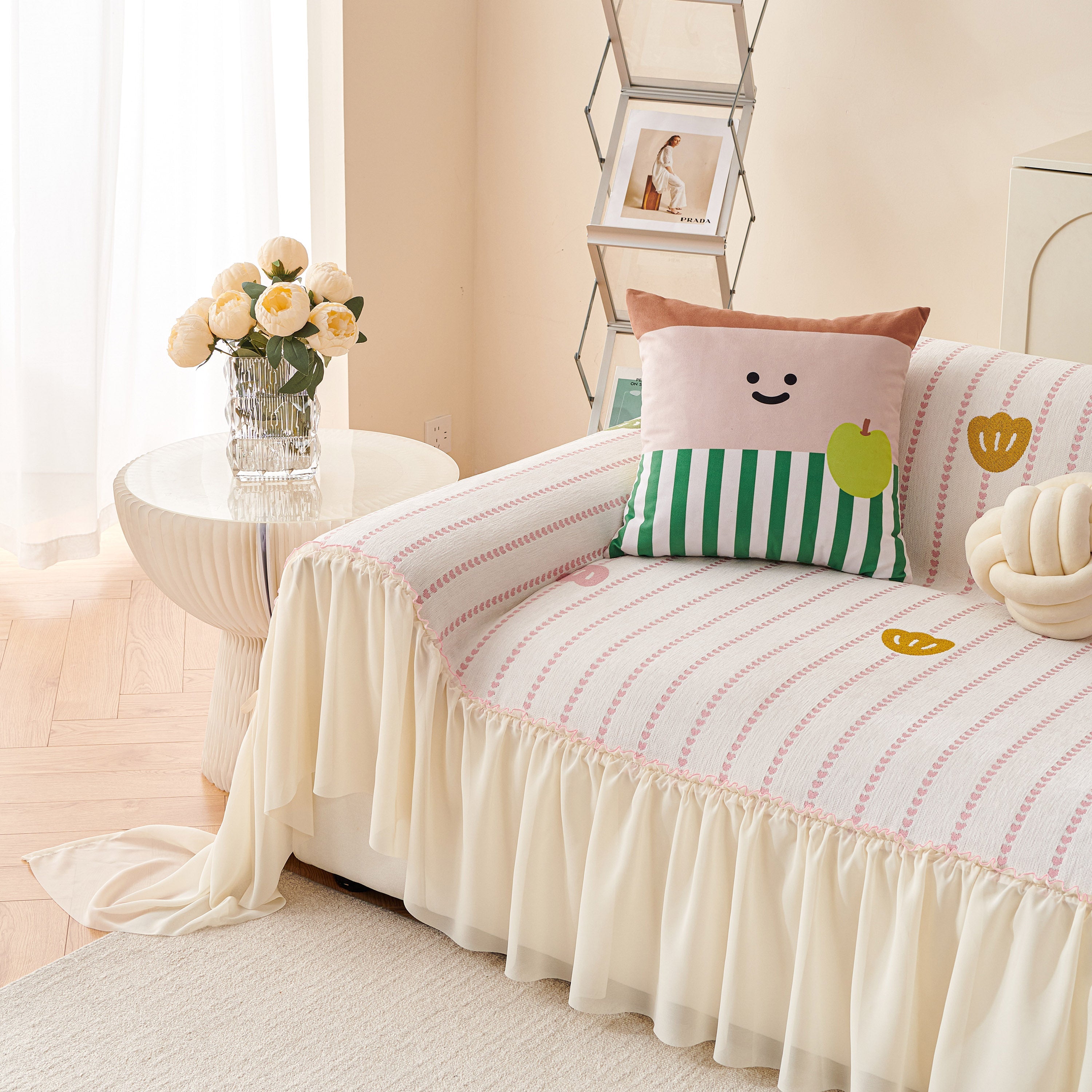 Cute Dotted Stripe Couch Protector, Non-slip Washable Sofa Cover With Ruffled Skirt