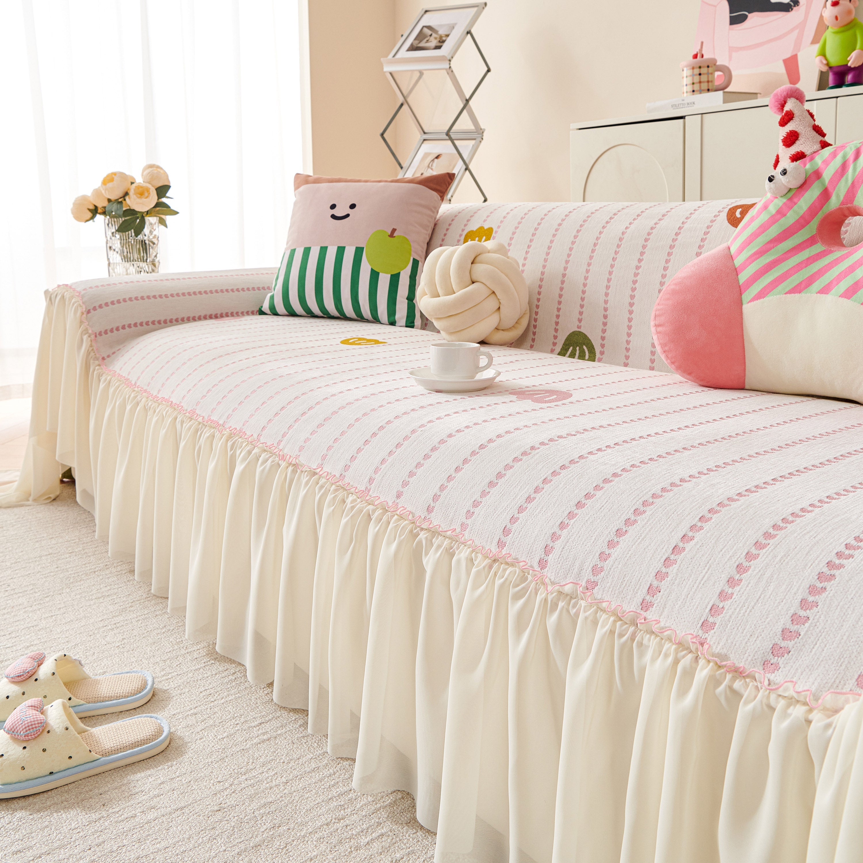 Cute Dotted Stripe Couch Protector, Non-slip Washable Sofa Cover With Ruffled Skirt