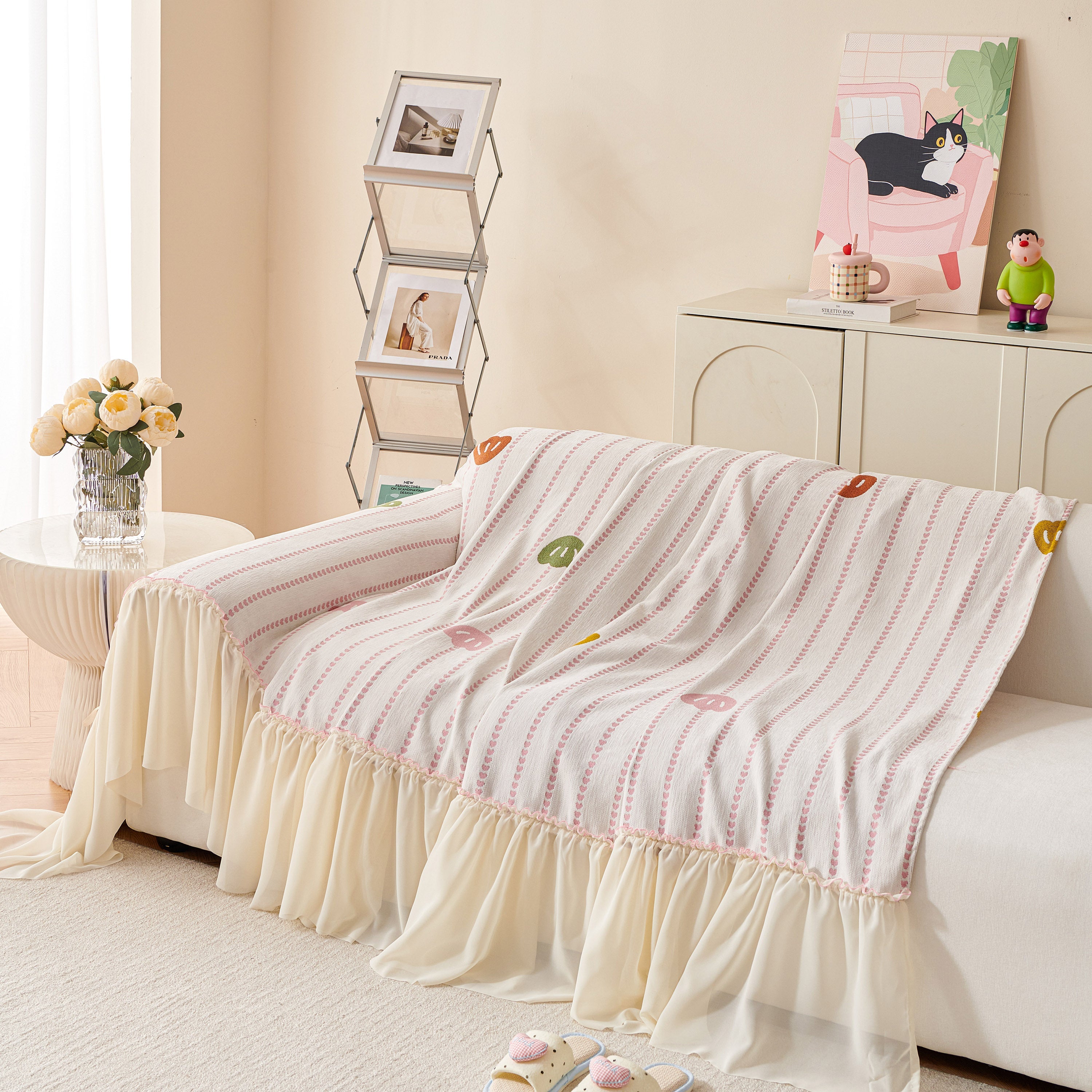 Cute Dotted Stripe Couch Protector, Non-slip Washable Sofa Cover With Ruffled Skirt