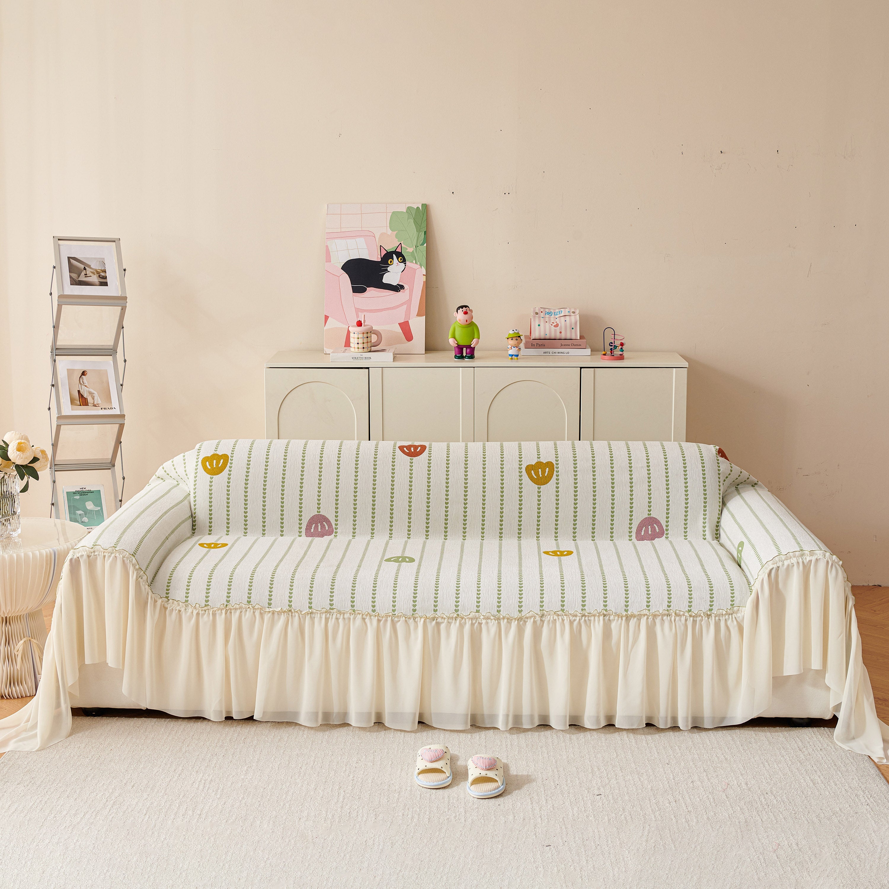 Cute Dotted Stripe Couch Protector, Non-slip Washable Sofa Cover With Ruffled Skirt