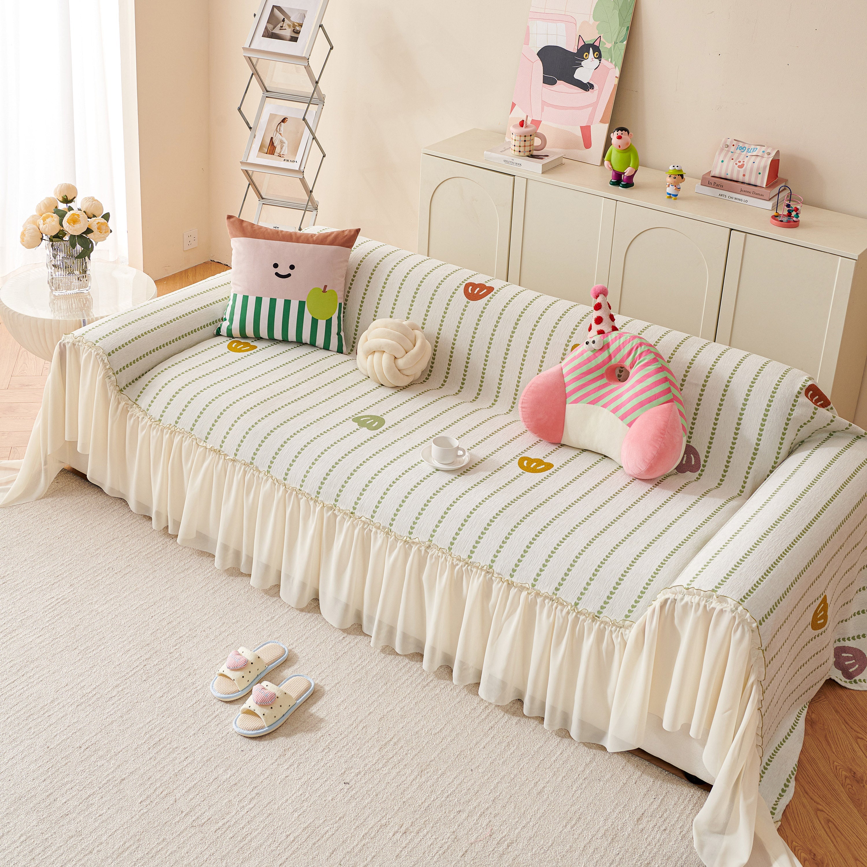 Cute Dotted Stripe Couch Protector, Non-slip Washable Sofa Cover With Ruffled Skirt