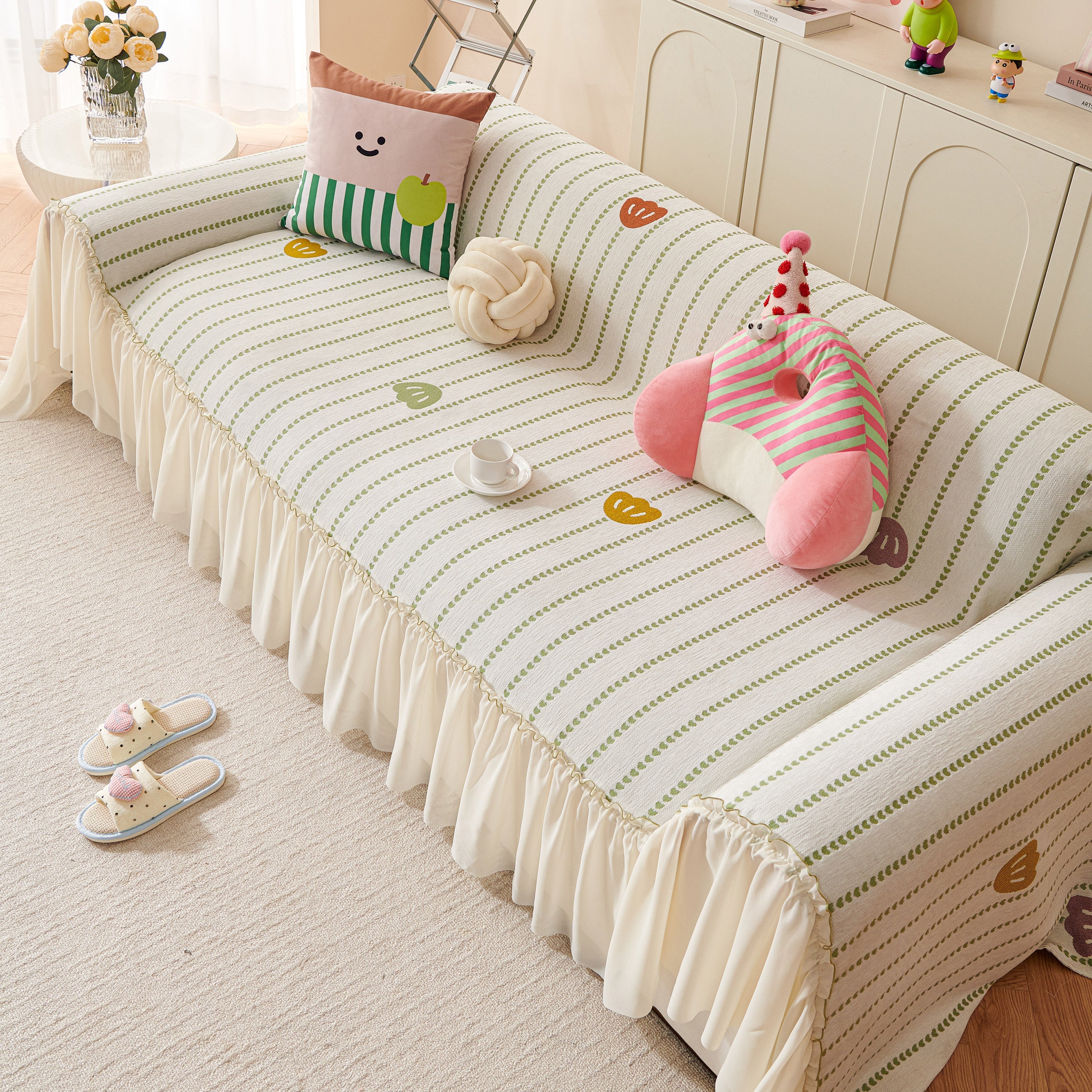 Cute Dotted Stripe Couch Protector, Non-slip Washable Sofa Cover With Ruffled Skirt